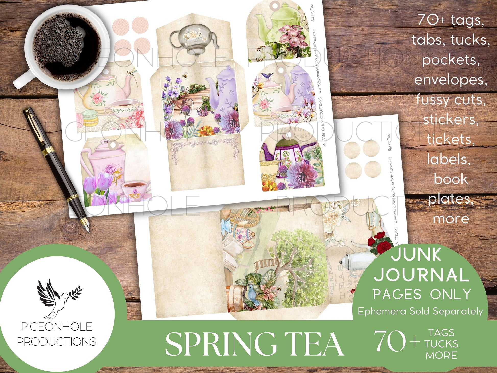 Spring Tea Junk Journal EPHEMERA, PRINTABLE, 70+ tags, tucks, pockets, envelopes, fussy cuts, stickers, tickets, labels, more!