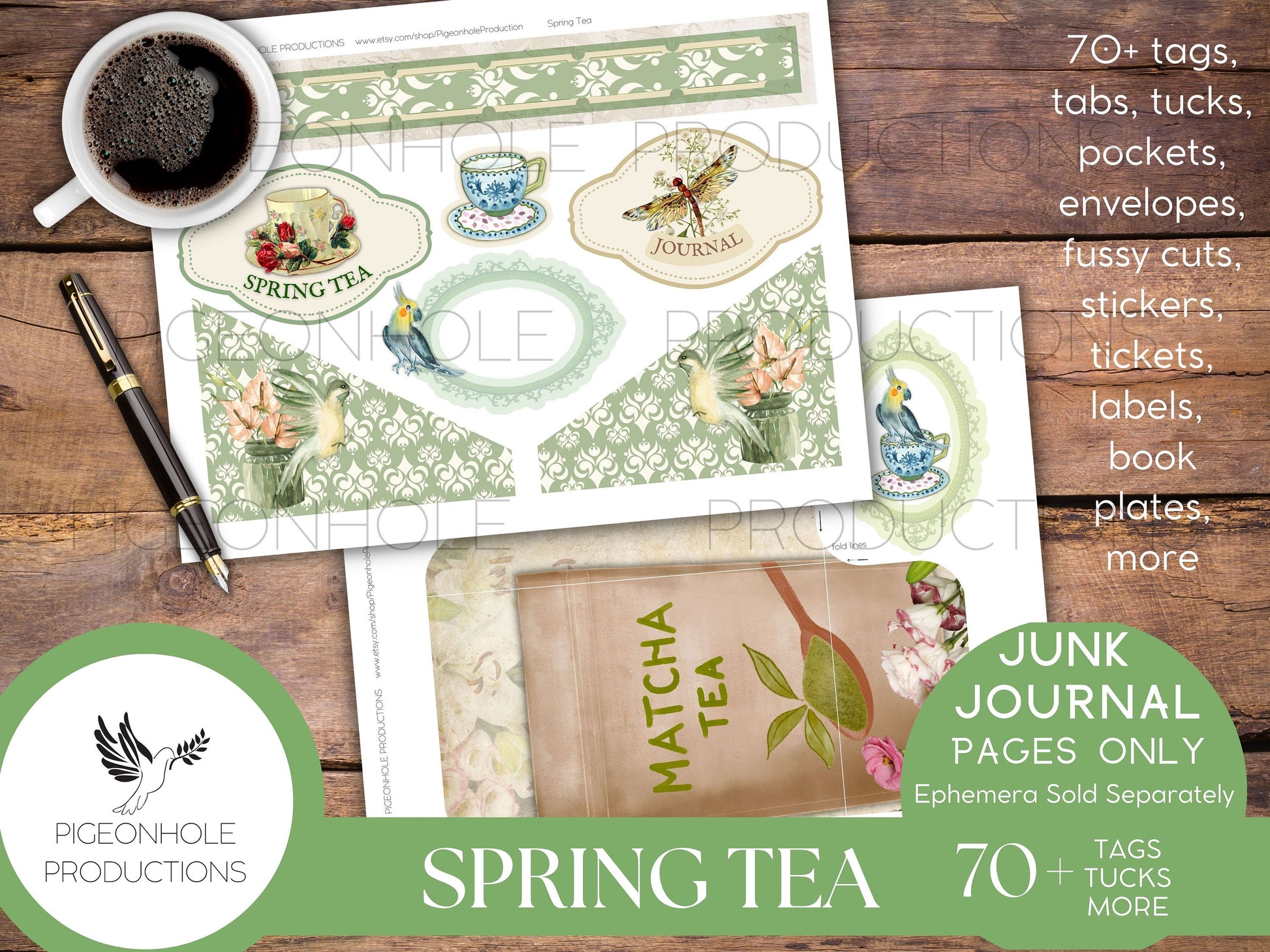 Spring Tea Junk Journal EPHEMERA, PRINTABLE, 70+ tags, tucks, pockets, envelopes, fussy cuts, stickers, tickets, labels, more!