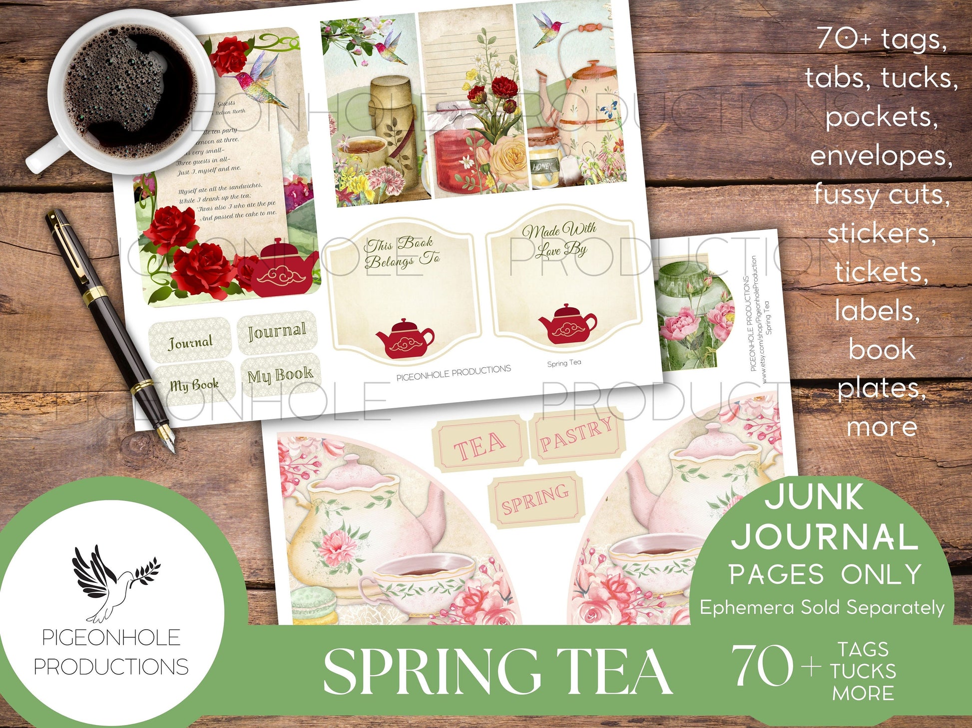 Spring Tea Junk Journal EPHEMERA, PRINTABLE, 70+ tags, tucks, pockets, envelopes, fussy cuts, stickers, tickets, labels, more!
