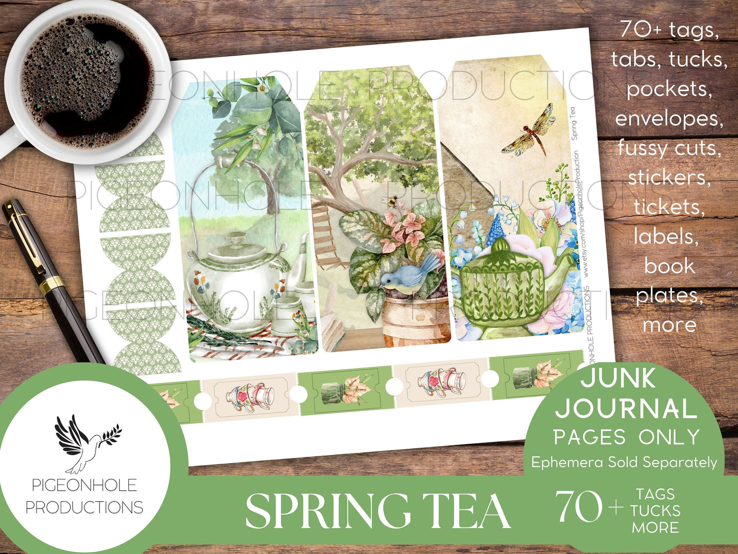 Spring Tea Junk Journal EPHEMERA, PRINTABLE, 70+ tags, tucks, pockets, envelopes, fussy cuts, stickers, tickets, labels, more!