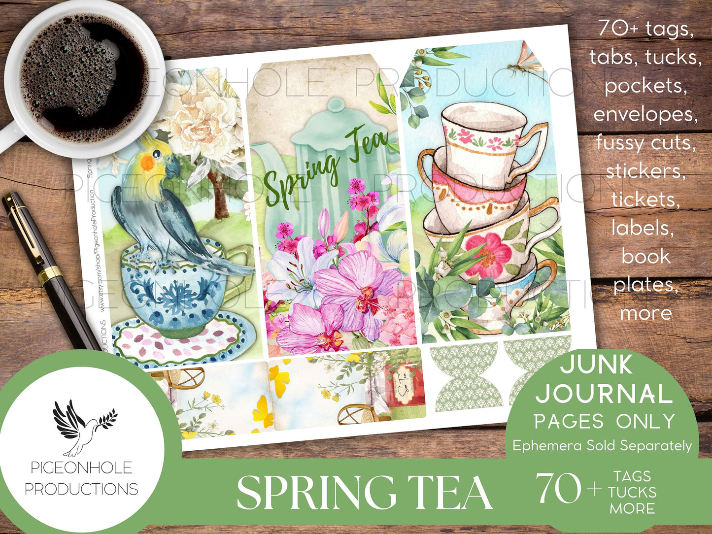 Spring Tea Junk Journal EPHEMERA, PRINTABLE, 70+ tags, tucks, pockets, envelopes, fussy cuts, stickers, tickets, labels, more!