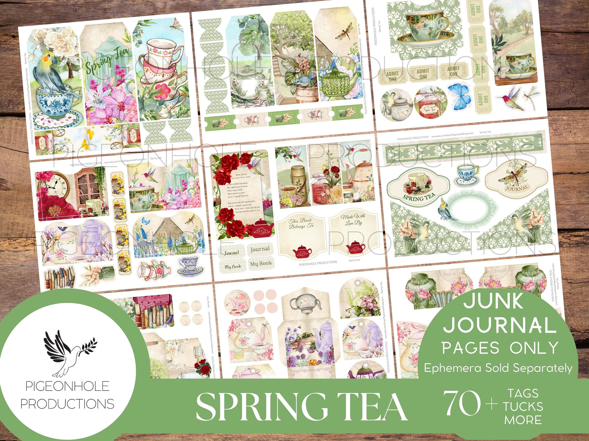 Spring Tea Junk Journal EPHEMERA, PRINTABLE, 70+ tags, tucks, pockets, envelopes, fussy cuts, stickers, tickets, labels, more!