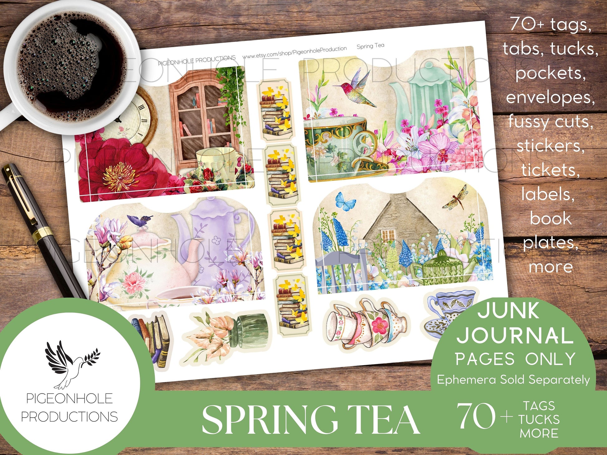 Spring Tea Junk Journal EPHEMERA, PRINTABLE, 70+ tags, tucks, pockets, envelopes, fussy cuts, stickers, tickets, labels, more!
