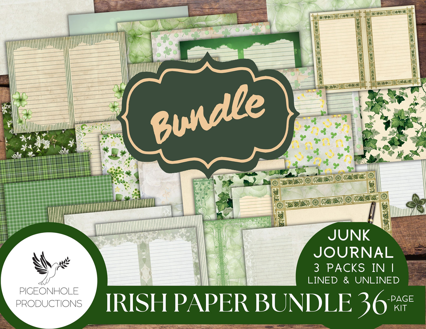 Irish Green Paper Pack BUNDLE, PRINTABLE, 36 green papers for junk journals and other paper crafts—coordinating pages and ephemera available