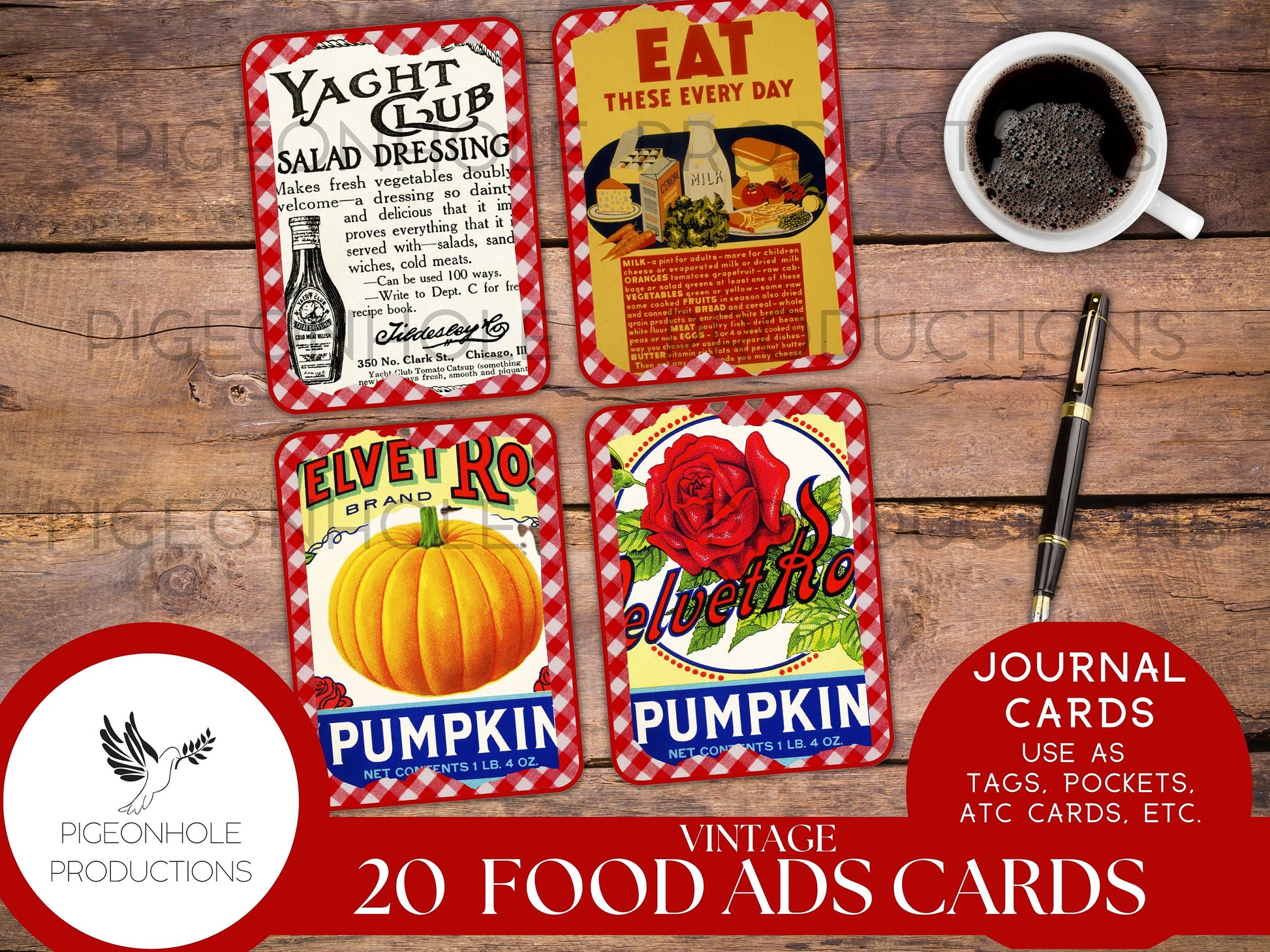 Vintage Food Advertising Junk Journal Cards, PRINTABLE, 20 cards for journals, ephemera, scrapbooking, decoupage, ATC, greeting cards, more!