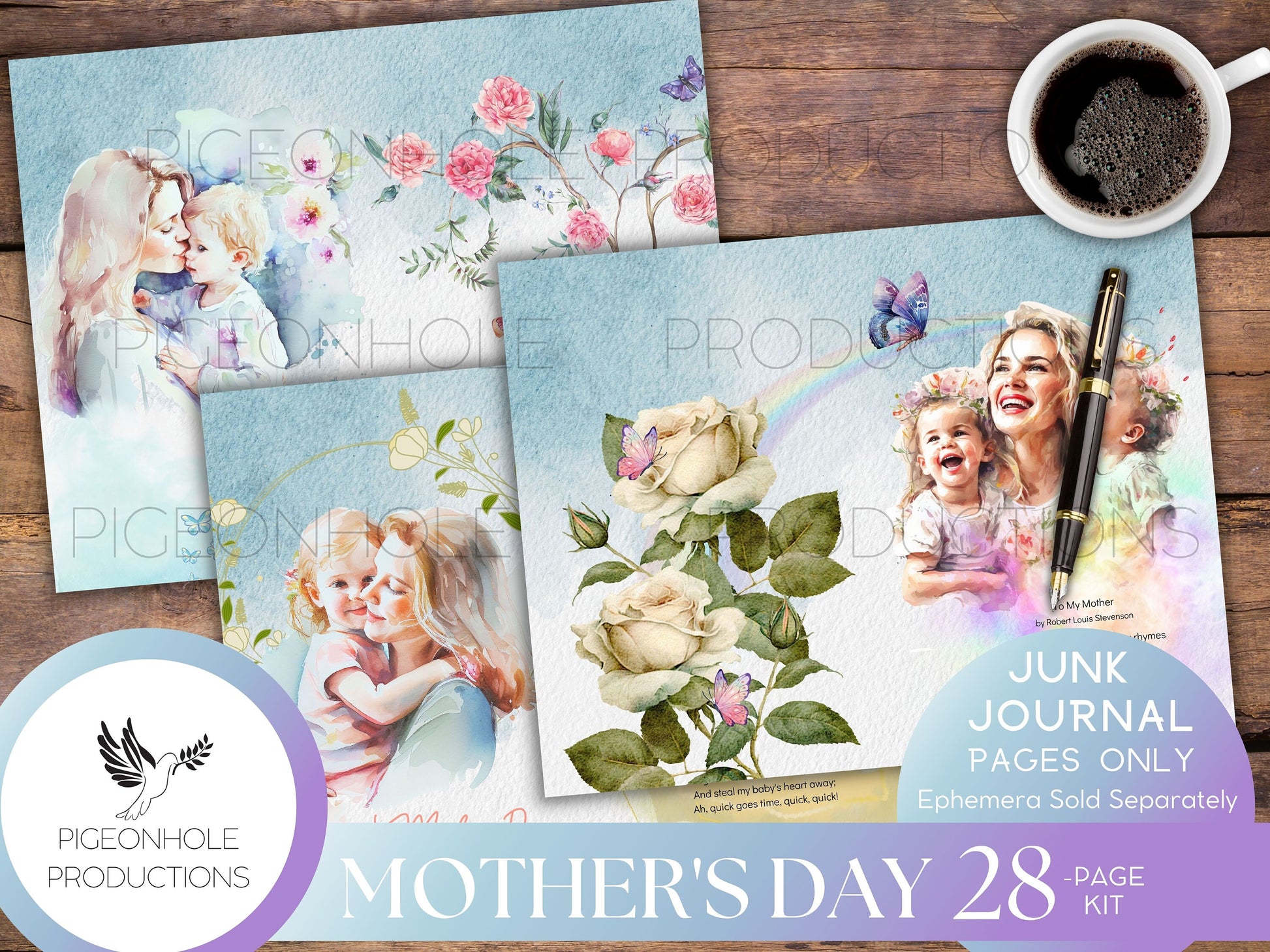 Mother's Day Junk Journal Pages—PRINTABLE—lovely collage sheets and happy poems—28 decorative/background/backing/lined journal sheets