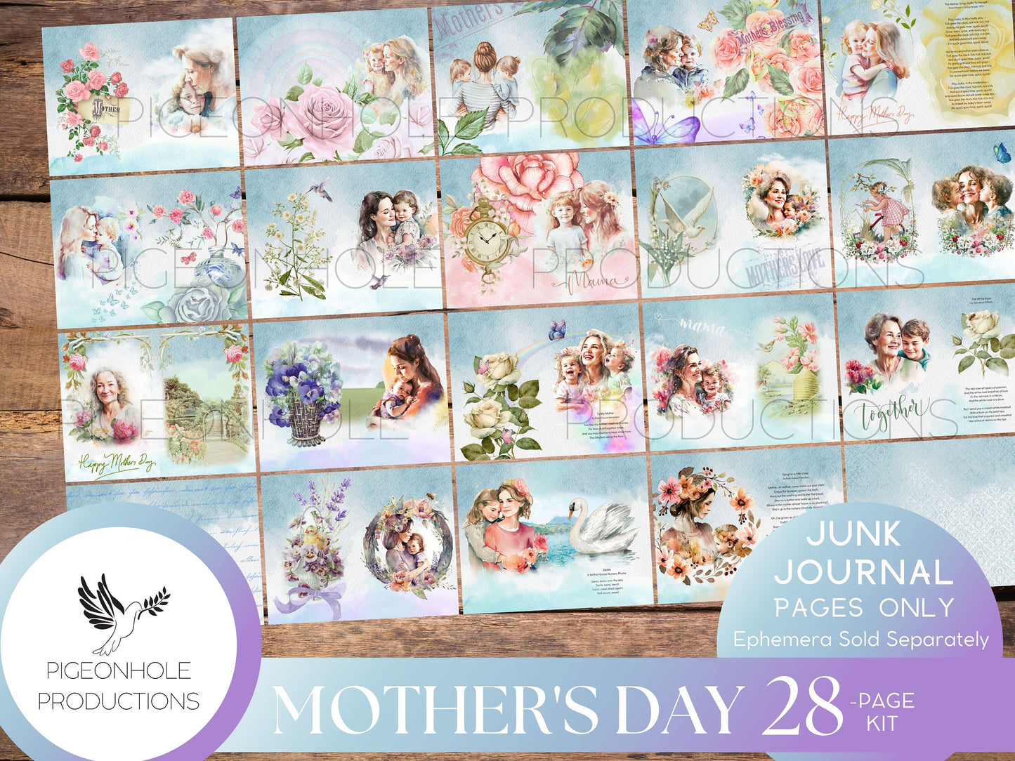 Mother's Day Junk Journal Pages—PRINTABLE—lovely collage sheets and happy poems—28 decorative/background/backing/lined journal sheets
