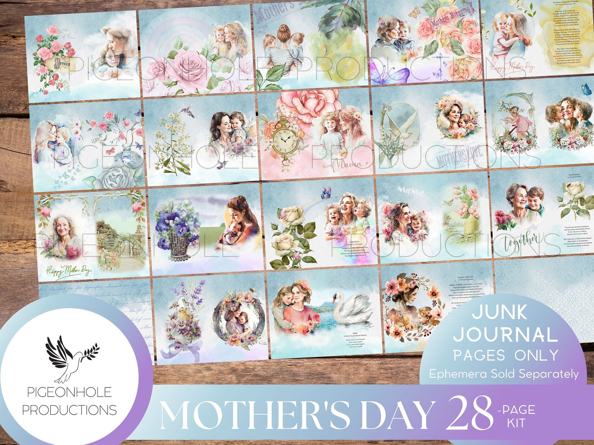 Mother's Day Junk Journal Pages—PRINTABLE—lovely collage sheets and happy poems—28 decorative/background/backing/lined journal sheets