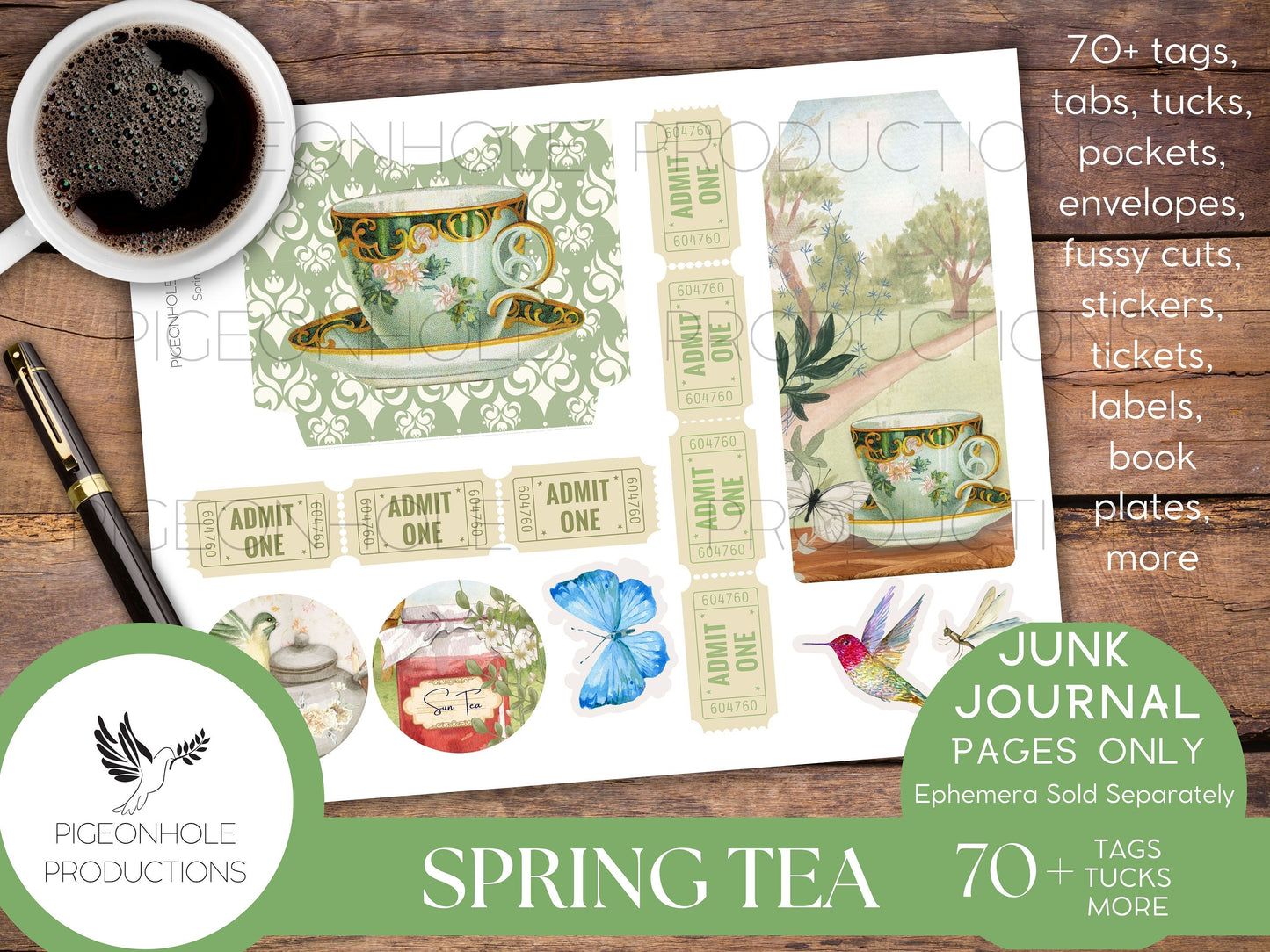 Spring Tea Junk Journal EPHEMERA, PRINTABLE, 70+ tags, tucks, pockets, envelopes, fussy cuts, stickers, tickets, labels, more!