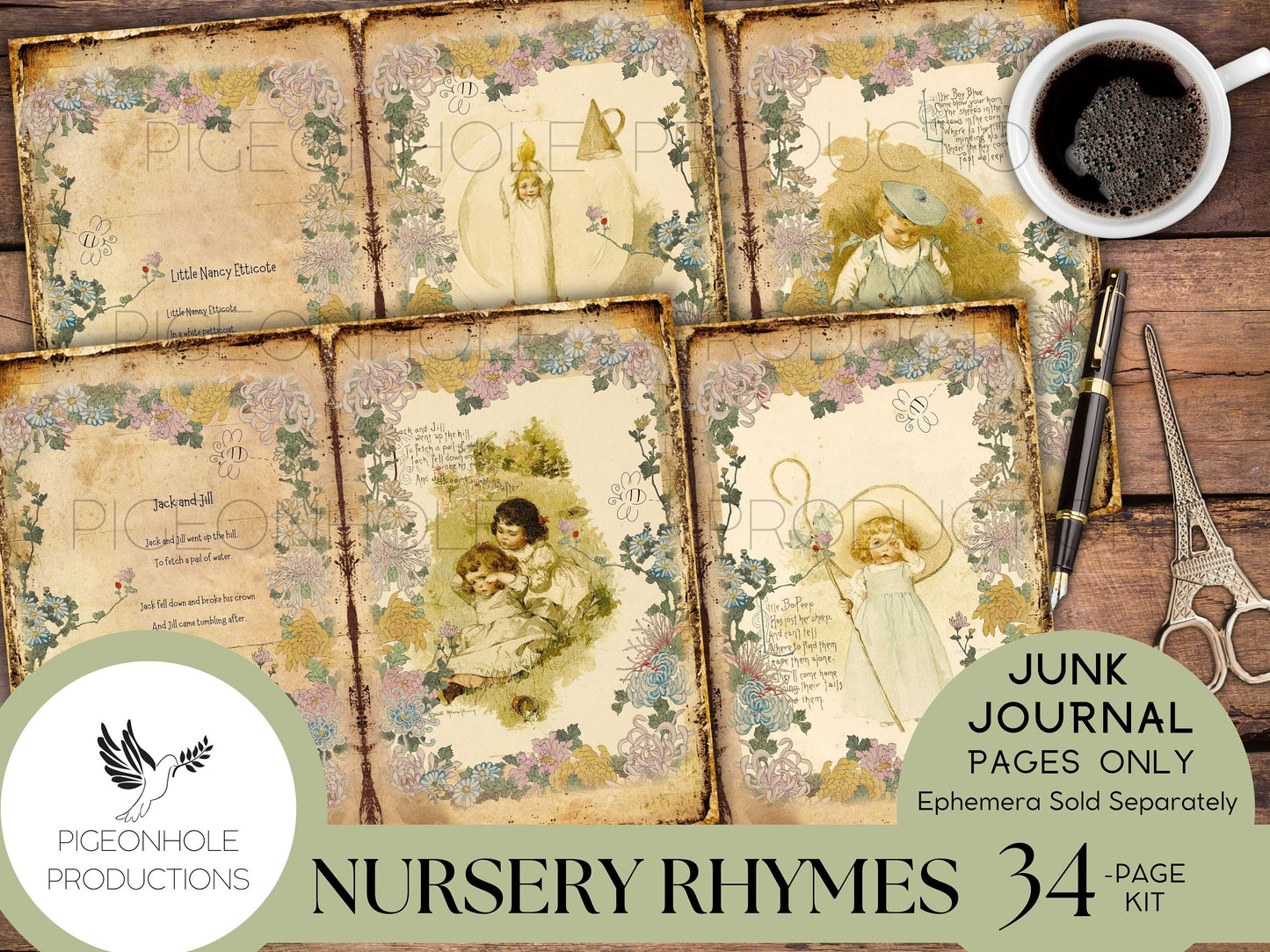 Nursery Rhymes Junk Journal Pages, PRINTABLE, lovely collage sheets featuring art of Maud Humphrey (1868-1940), makes 68 journal pages