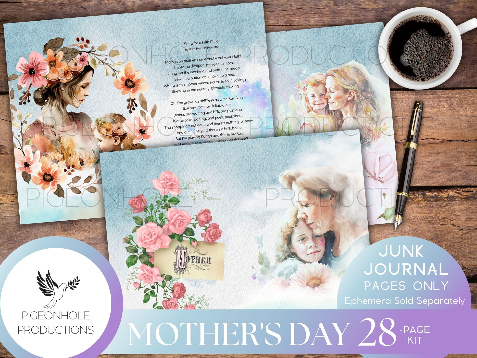 Mother's Day Junk Journal Pages—PRINTABLE—lovely collage sheets and happy poems—28 decorative/background/backing/lined journal sheets