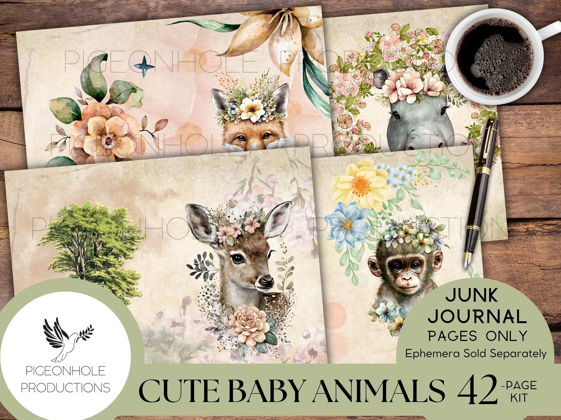 Cute Baby Animals Junk Journal Pages, PRINTABLE, 42 sweet baby animals collage sheets for junk journals, scrapbooks & other paper crafts