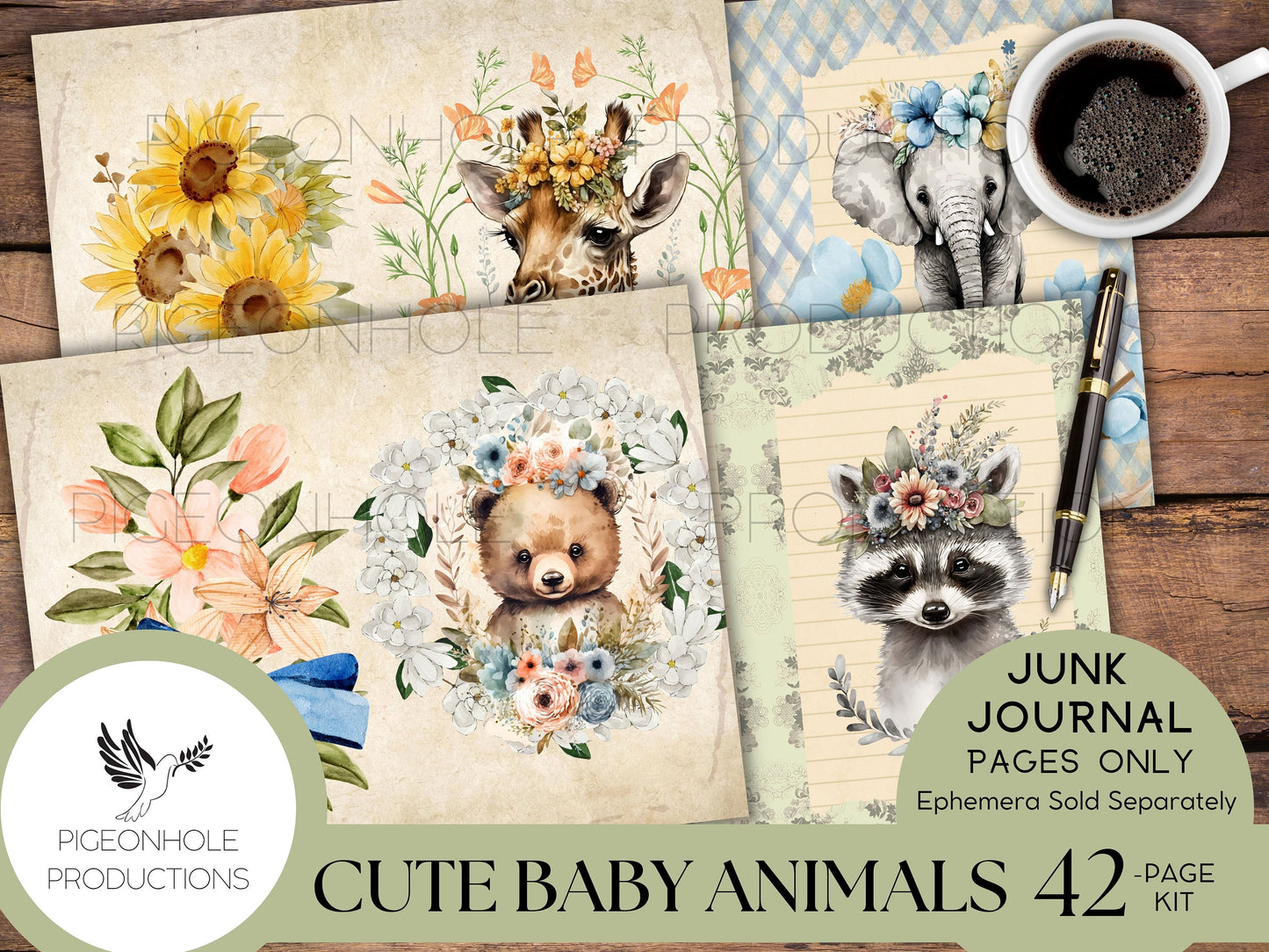 Cute Baby Animals Junk Journal Pages, PRINTABLE, 42 sweet baby animals collage sheets for junk journals, scrapbooks & other paper crafts