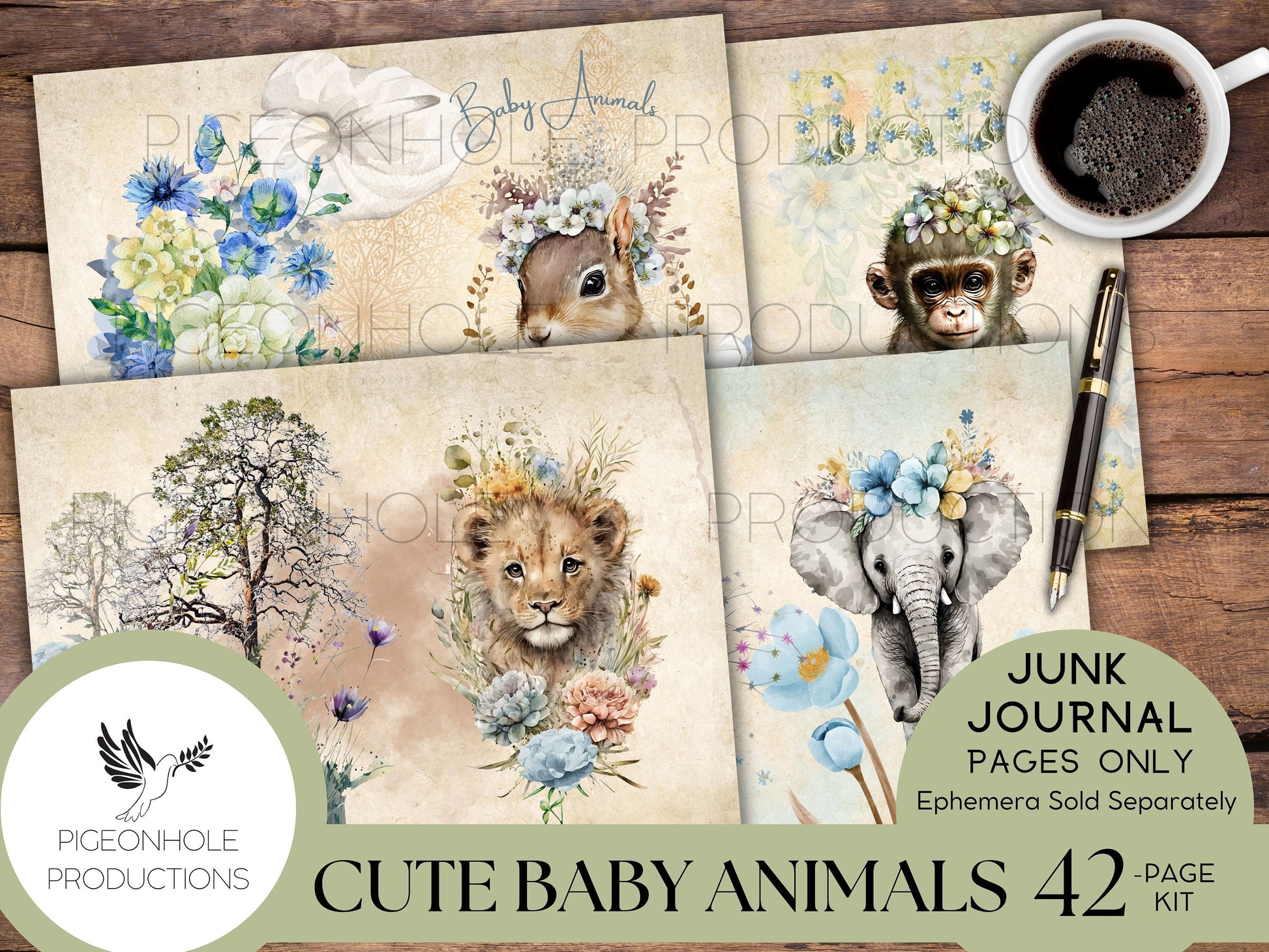 Cute Baby Animals Junk Journal Pages, PRINTABLE, 42 sweet baby animals collage sheets for junk journals, scrapbooks & other paper crafts