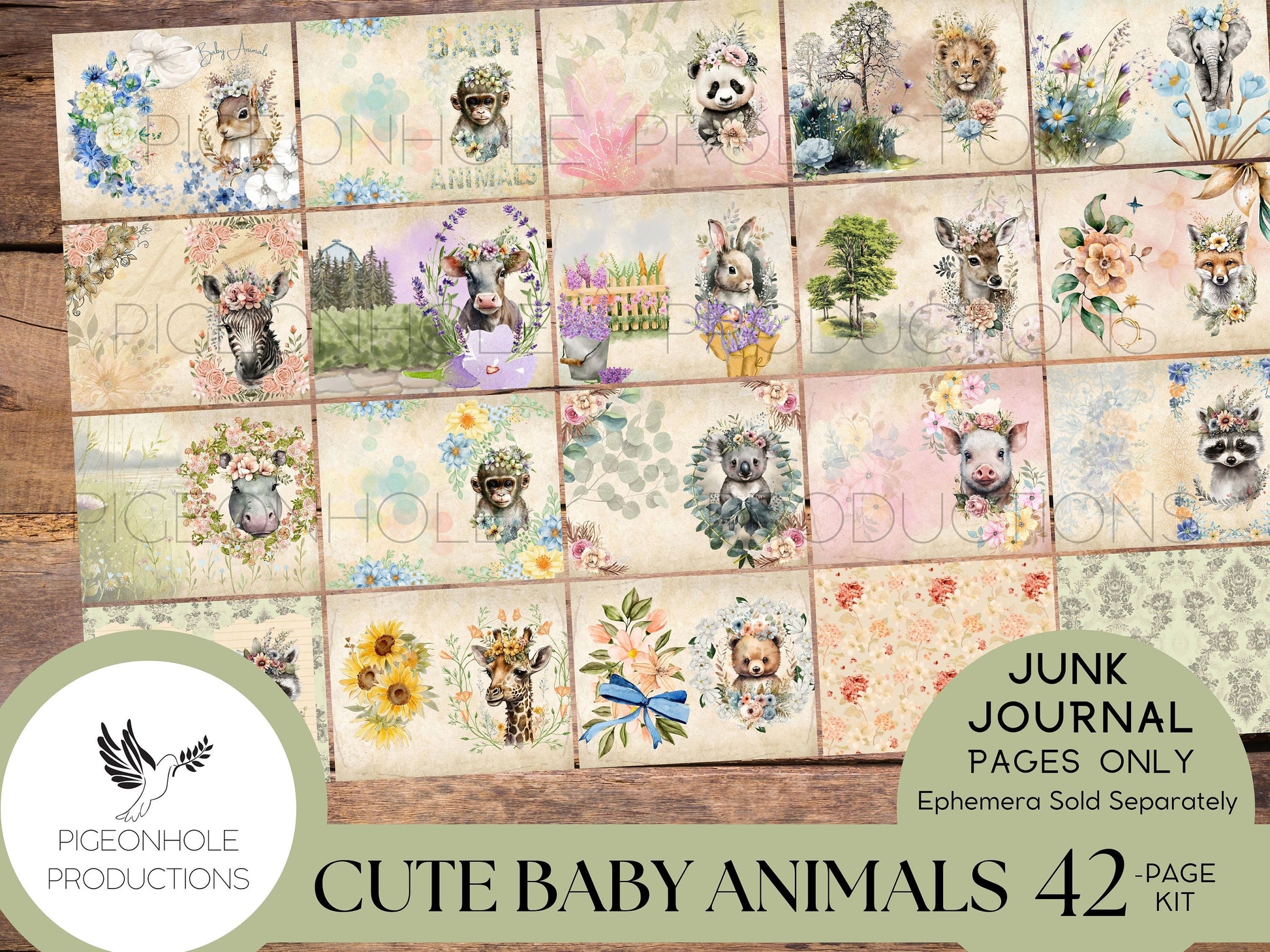 Cute Baby Animals Junk Journal Pages, PRINTABLE, 42 sweet baby animals collage sheets for junk journals, scrapbooks & other paper crafts