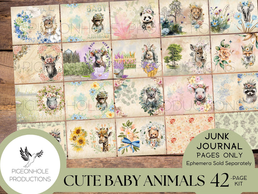 Cute Baby Animals Junk Journal Pages, PRINTABLE, 42 sweet baby animals collage sheets for junk journals, scrapbooks & other paper crafts