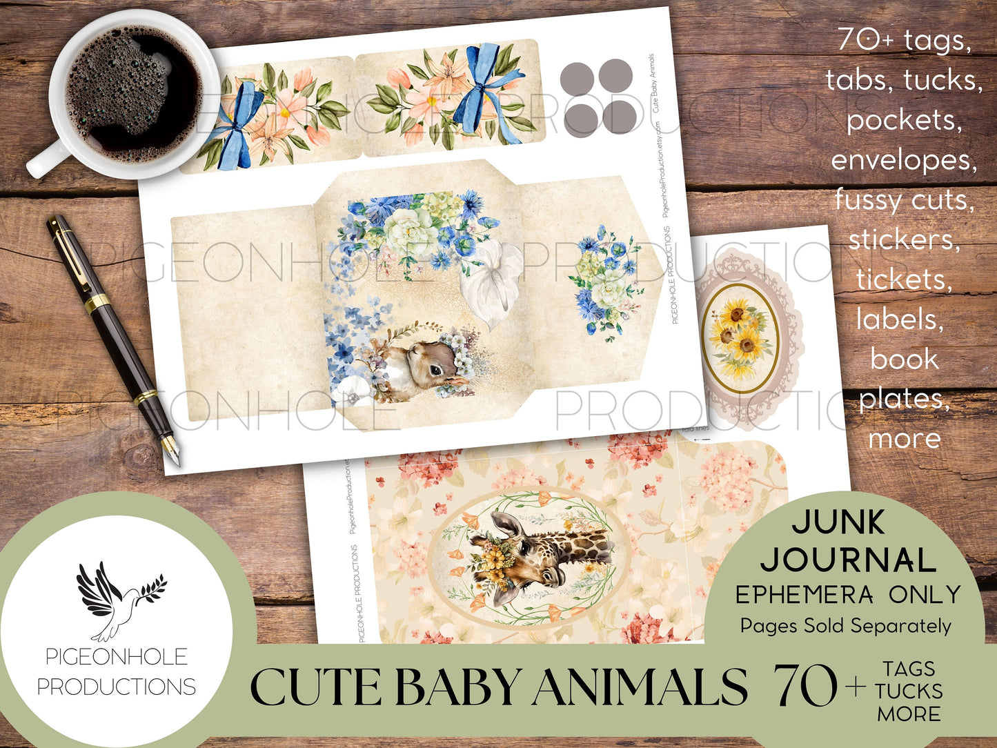 Cute Baby Animals Junk Journal EPHEMERA, PRINTABLE, 70+ tags, tucks, pockets, envelopes, fussy cuts, stickers, tickets, labels, bookplates