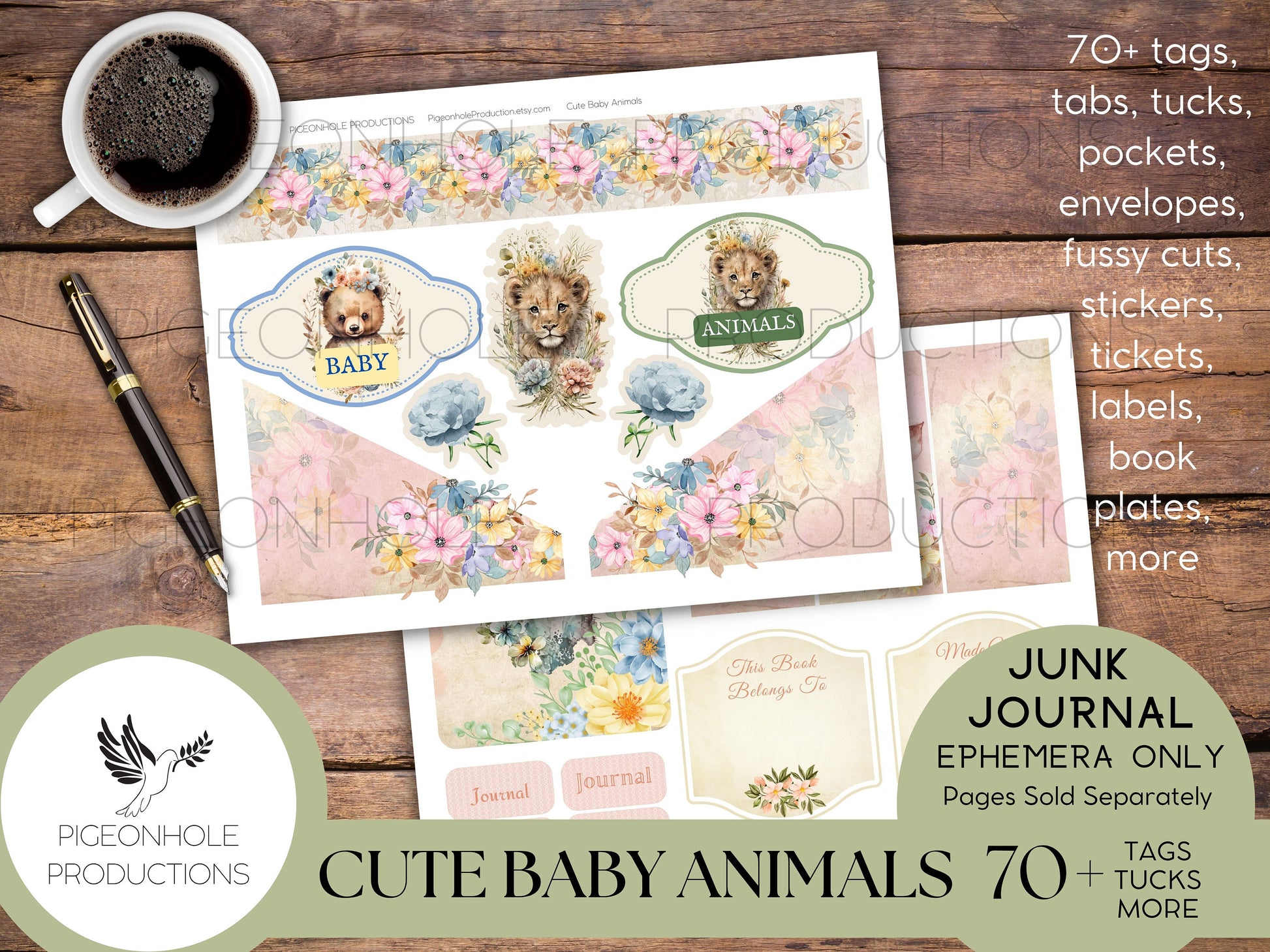 Cute Baby Animals Junk Journal EPHEMERA, PRINTABLE, 70+ tags, tucks, pockets, envelopes, fussy cuts, stickers, tickets, labels, bookplates