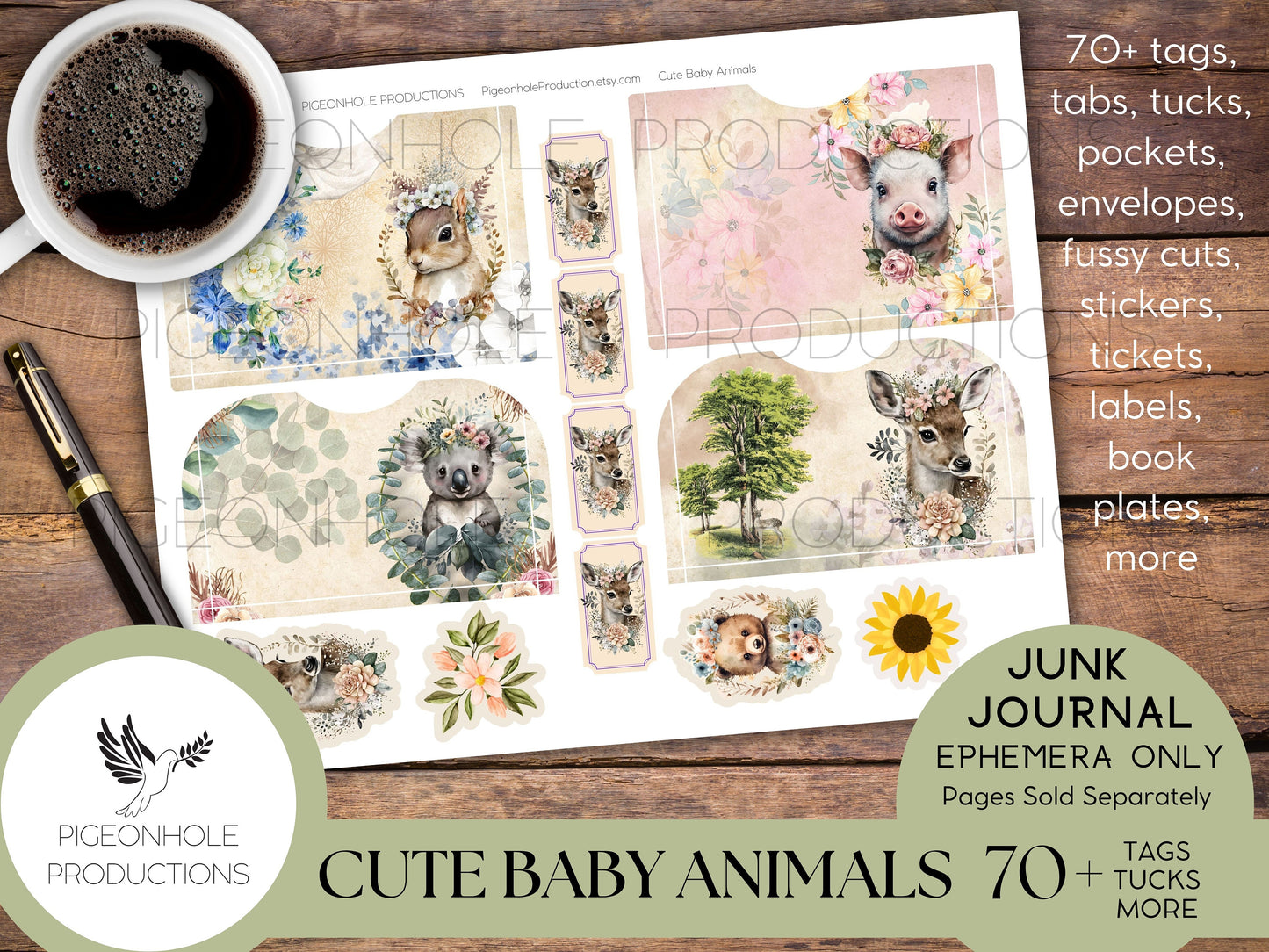 Cute Baby Animals Junk Journal EPHEMERA, PRINTABLE, 70+ tags, tucks, pockets, envelopes, fussy cuts, stickers, tickets, labels, bookplates