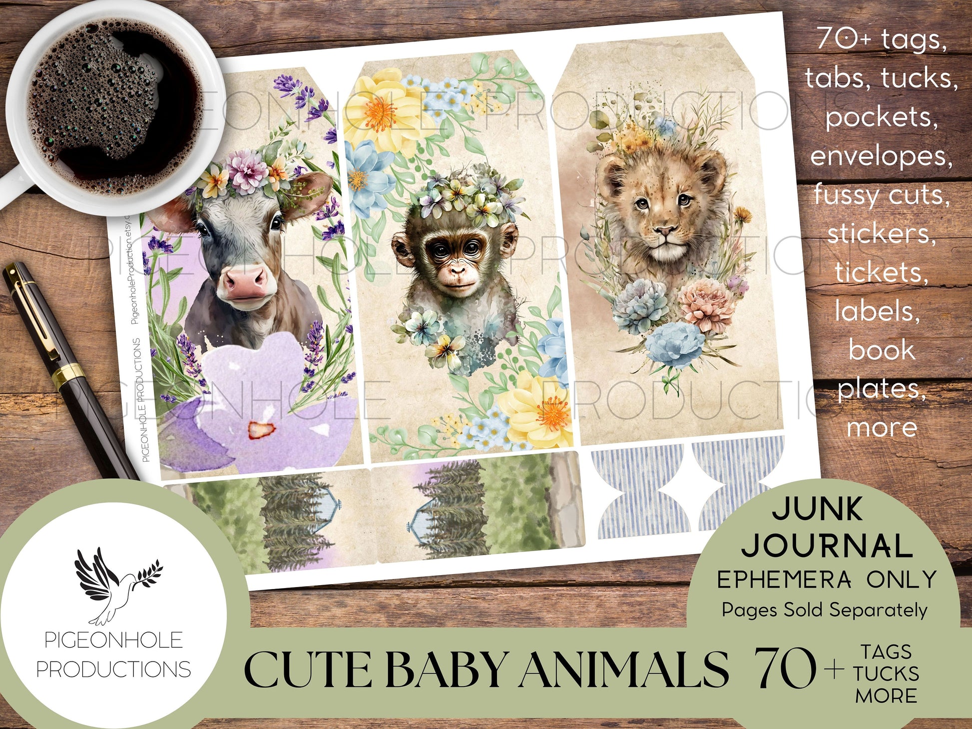 Cute Baby Animals Junk Journal EPHEMERA, PRINTABLE, 70+ tags, tucks, pockets, envelopes, fussy cuts, stickers, tickets, labels, bookplates