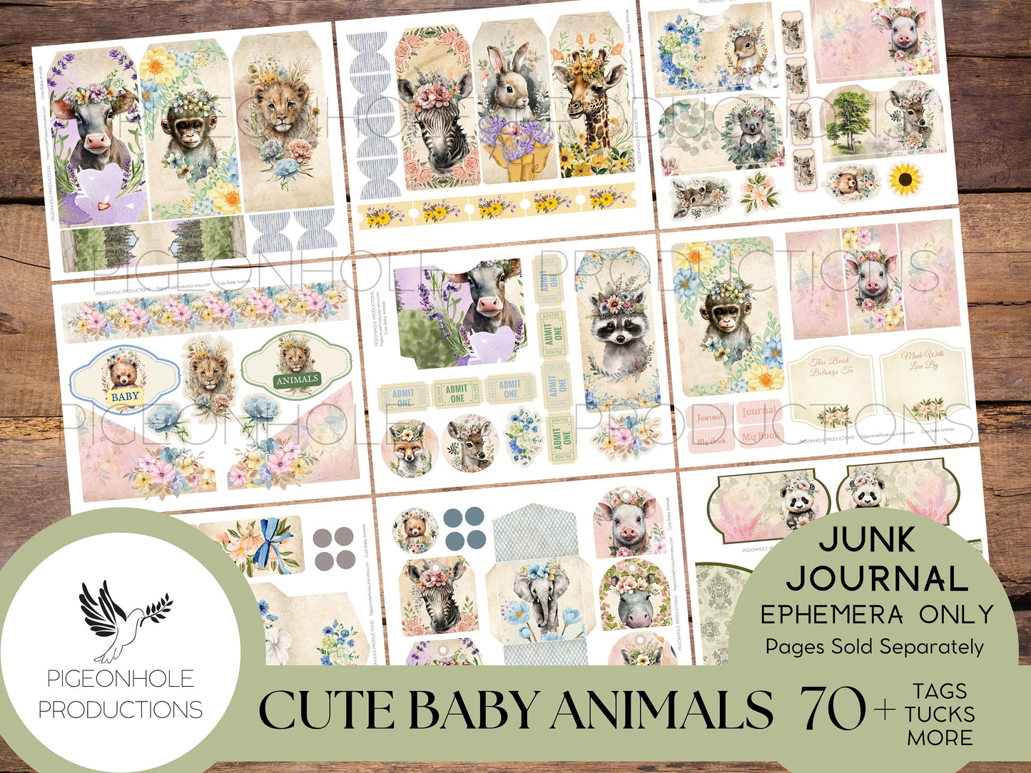 Cute Baby Animals Junk Journal EPHEMERA, PRINTABLE, 70+ tags, tucks, pockets, envelopes, fussy cuts, stickers, tickets, labels, bookplates