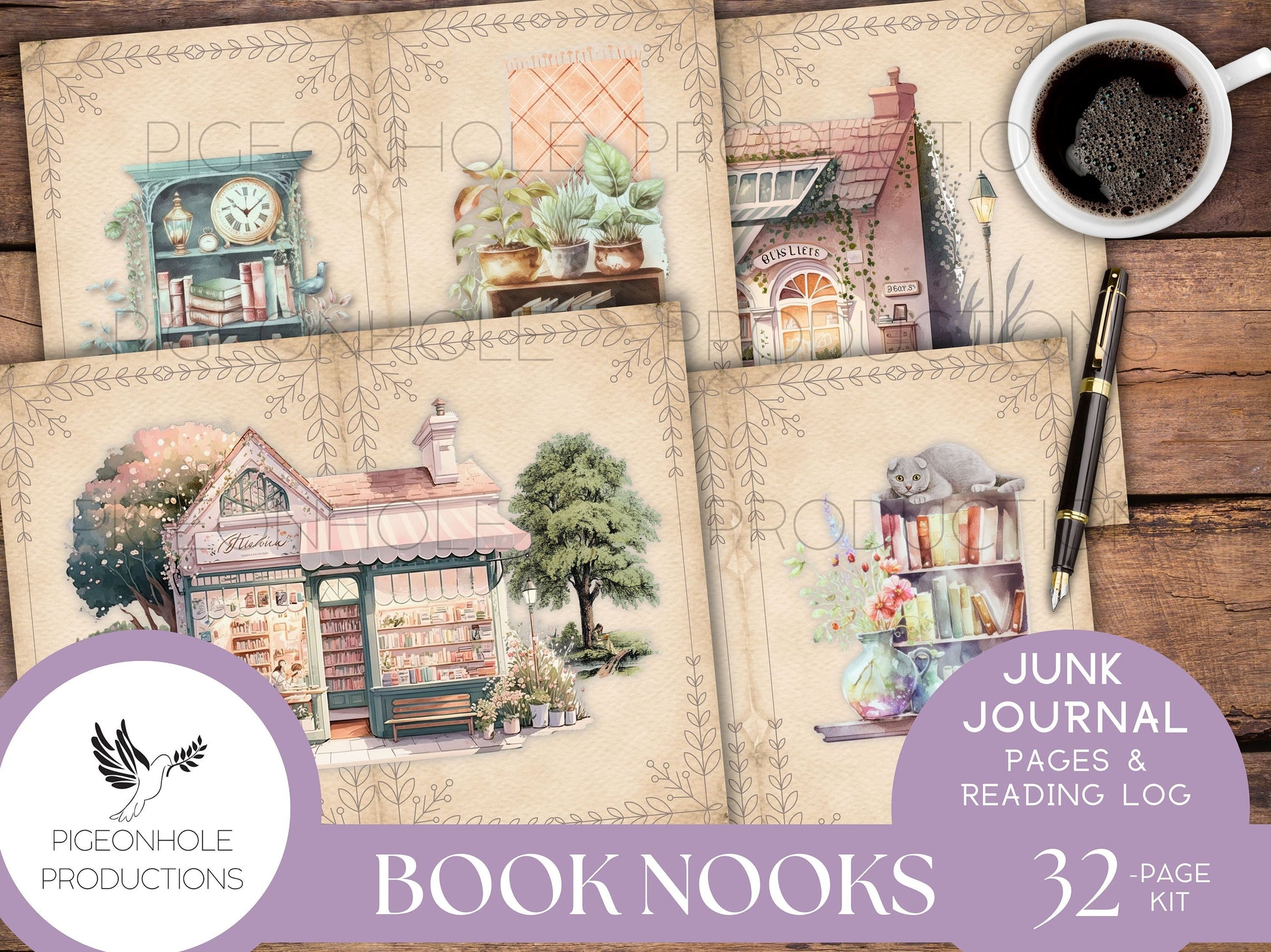 Book Nooks Junk Journal Pages & Reading Log, PRINTABLE, 32 sheets, makes 64 journal pages, enough for 3 signatures, pretty for book lovers!