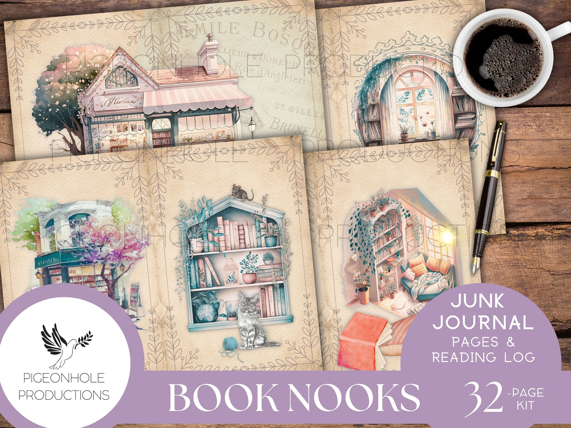 Book Nooks Junk Journal Pages & Reading Log, PRINTABLE, 32 sheets, makes 64 journal pages, enough for 3 signatures, pretty for book lovers!