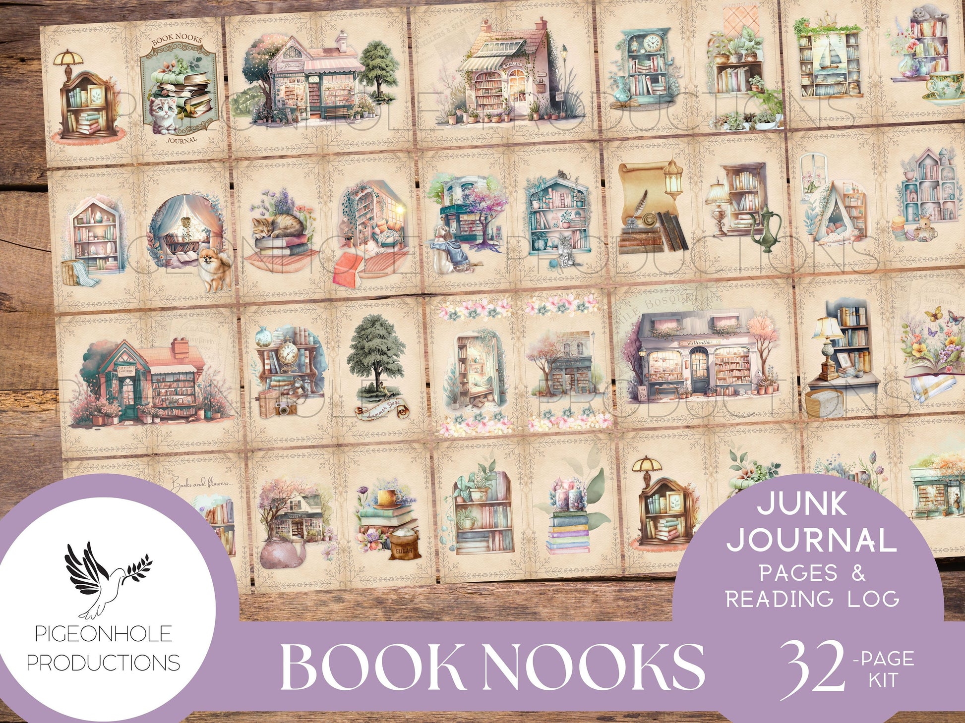 Book Nooks Junk Journal Pages & Reading Log, PRINTABLE, 32 sheets, makes 64 journal pages, enough for 3 signatures, pretty for book lovers!