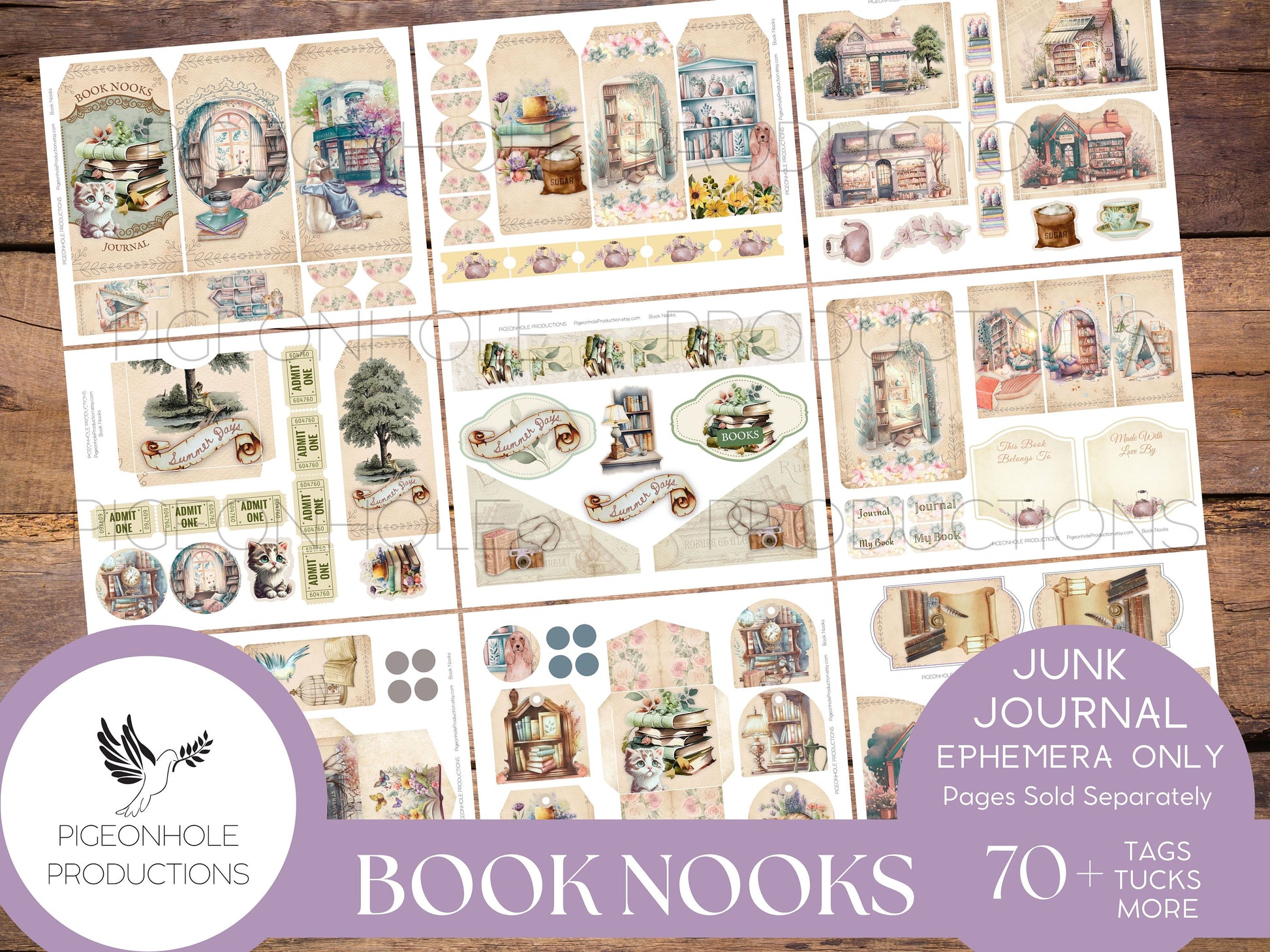 Book Nooks Junk Journal EPHEMERA—PRINTABLE—70+ tags, tucks, pockets, envelopes, fussy cuts, stickers, tickets, labels, bookplates—cozy!!