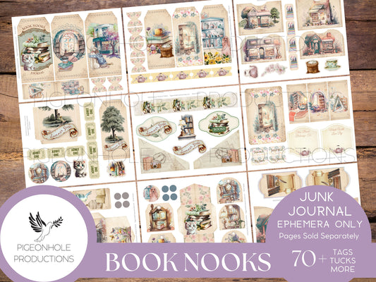 Book Nooks Junk Journal EPHEMERA—PRINTABLE—70+ tags, tucks, pockets, envelopes, fussy cuts, stickers, tickets, labels, bookplates—cozy!!
