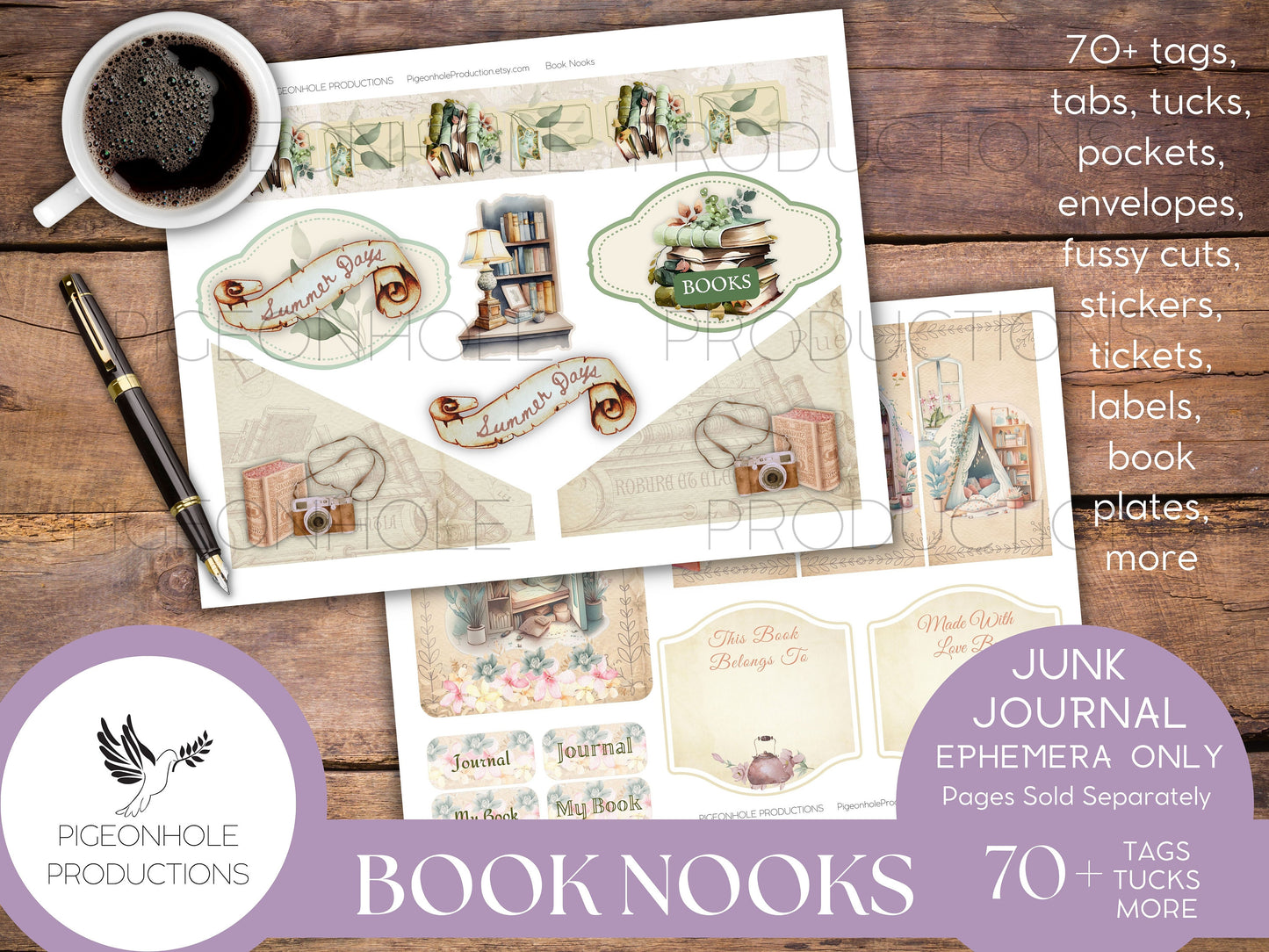 Book Nooks Junk Journal EPHEMERA—PRINTABLE—70+ tags, tucks, pockets, envelopes, fussy cuts, stickers, tickets, labels, bookplates—cozy!!