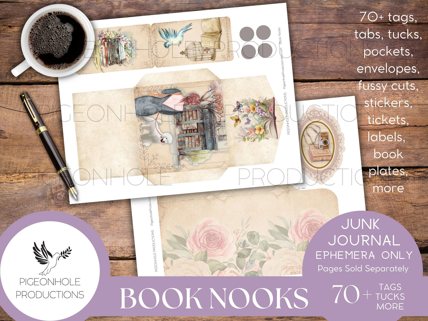 Book Nooks Junk Journal EPHEMERA—PRINTABLE—70+ tags, tucks, pockets, envelopes, fussy cuts, stickers, tickets, labels, bookplates—cozy!!