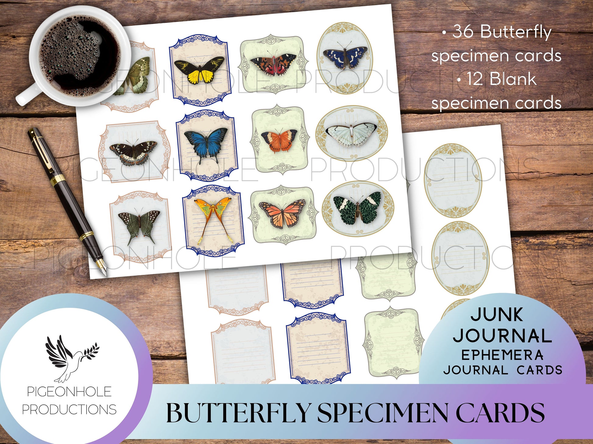 Butterfly Specimen Journal Cards, PRINTABLE, 36 unique butterfly cards and 12 blank cards, great for junk journals, card making, papercrafts