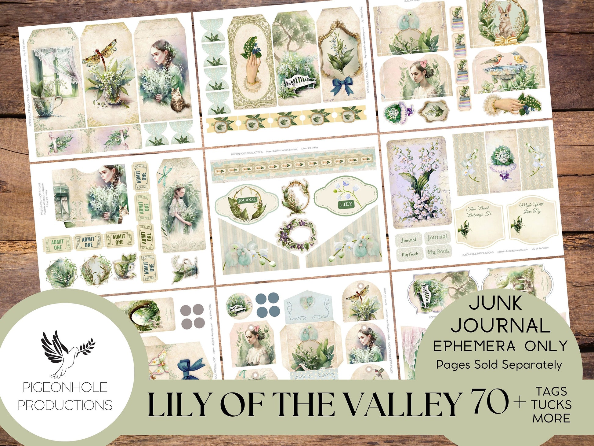 Lily of the Valley Junk Journal EPHEMERA—PRINTABLE—70+ tags, tucks, pockets, envelopes, fussy cuts, stickers, tickets, labels, bookplates