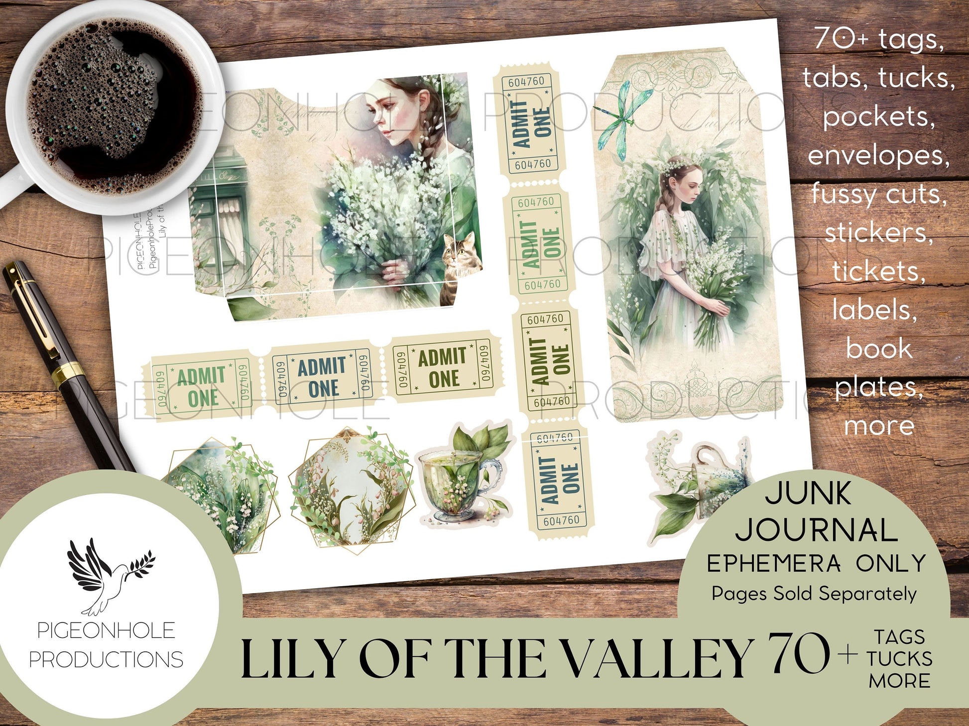 Lily of the Valley Junk Journal EPHEMERA—PRINTABLE—70+ tags, tucks, pockets, envelopes, fussy cuts, stickers, tickets, labels, bookplates