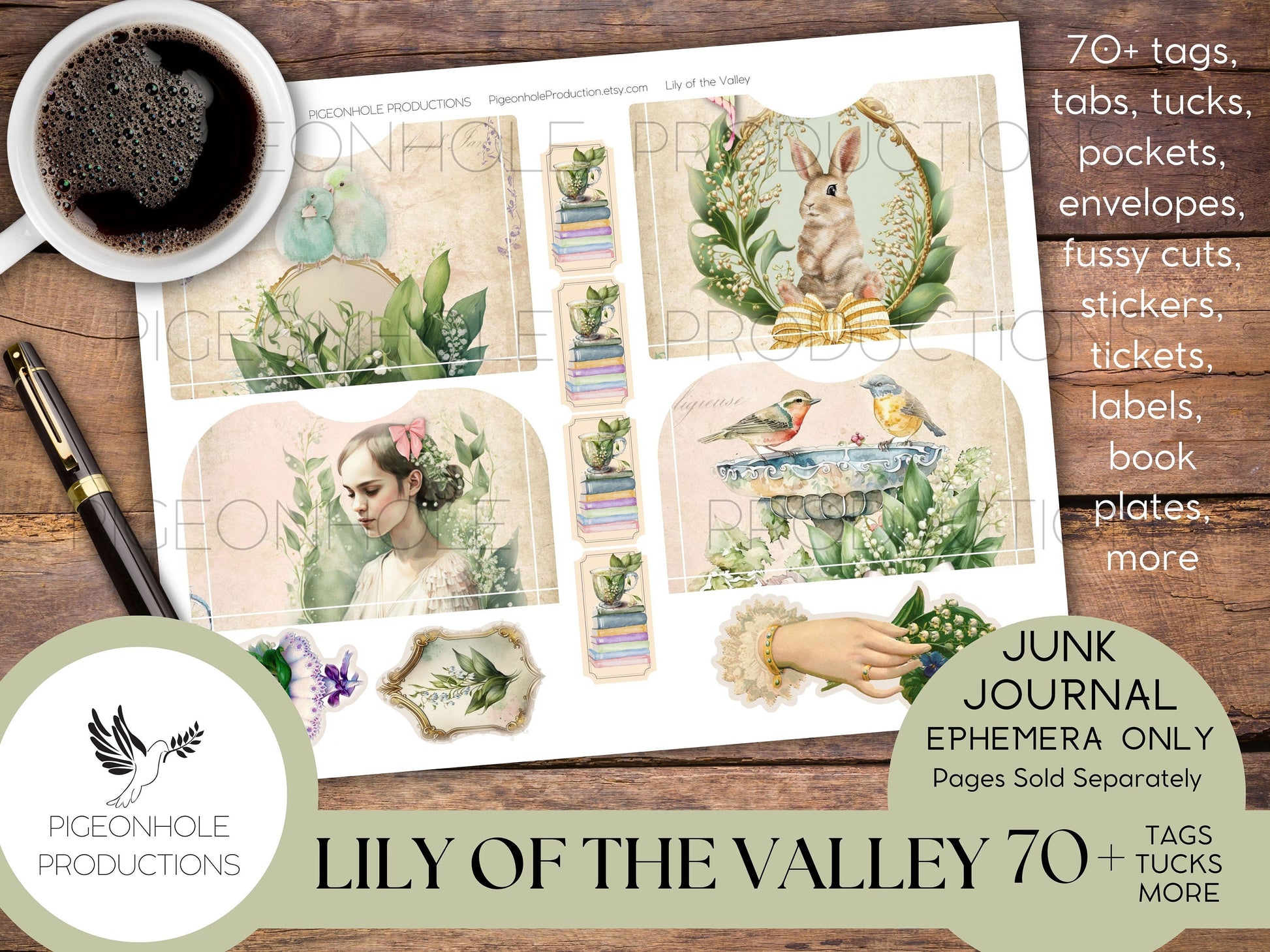 Lily of the Valley Junk Journal EPHEMERA—PRINTABLE—70+ tags, tucks, pockets, envelopes, fussy cuts, stickers, tickets, labels, bookplates