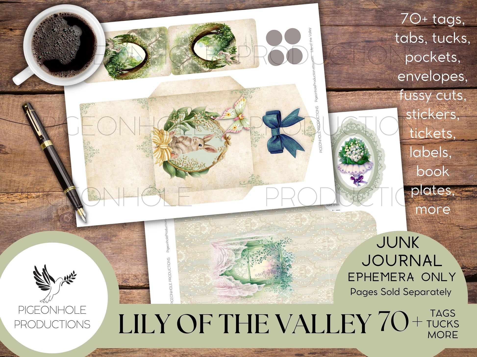 Lily of the Valley Junk Journal EPHEMERA—PRINTABLE—70+ tags, tucks, pockets, envelopes, fussy cuts, stickers, tickets, labels, bookplates