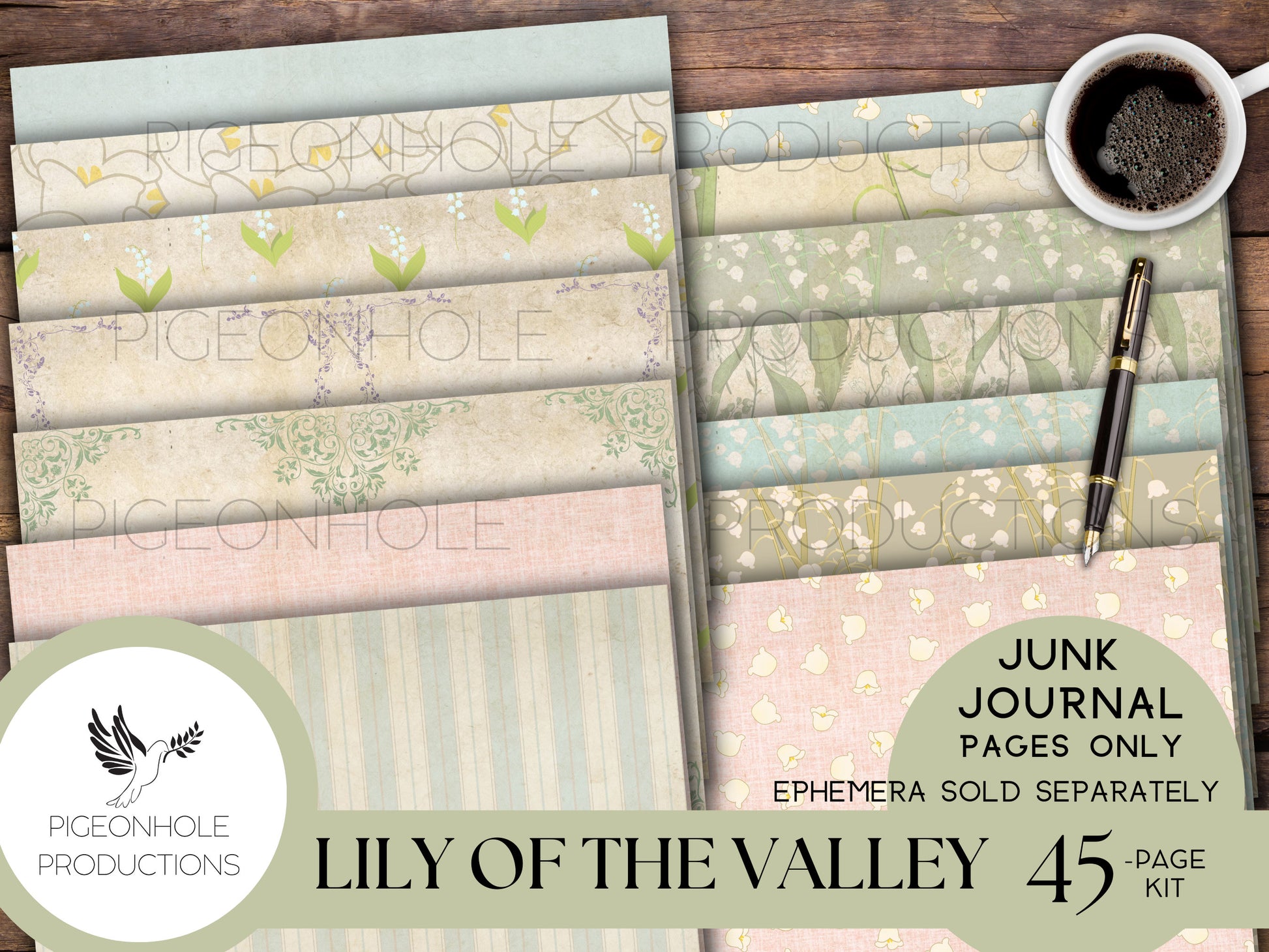 Lily of the Valley Junk Journal Pages, PRINTABLE, 45 lovely floral collage papers, makes 90 journal pages, vintage shabby style, rich images