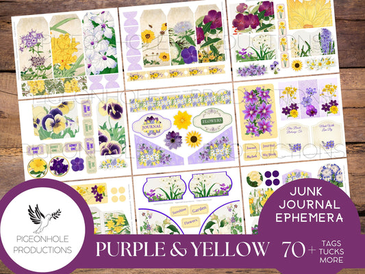 Purple & Yellow Flowers Junk Journal EPHEMERA, PRINTABLE, 70+ tags, tucks, pockets, envelopes, page tabs, tickets, labels, bookplates, more