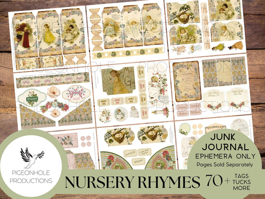 Nursery Rhymes Junk Journal EPHEMERA, PRINTABLE, 70+ tags, tucks, pockets, envelopes, fussy cuts, stickers, tickets, labels, more!