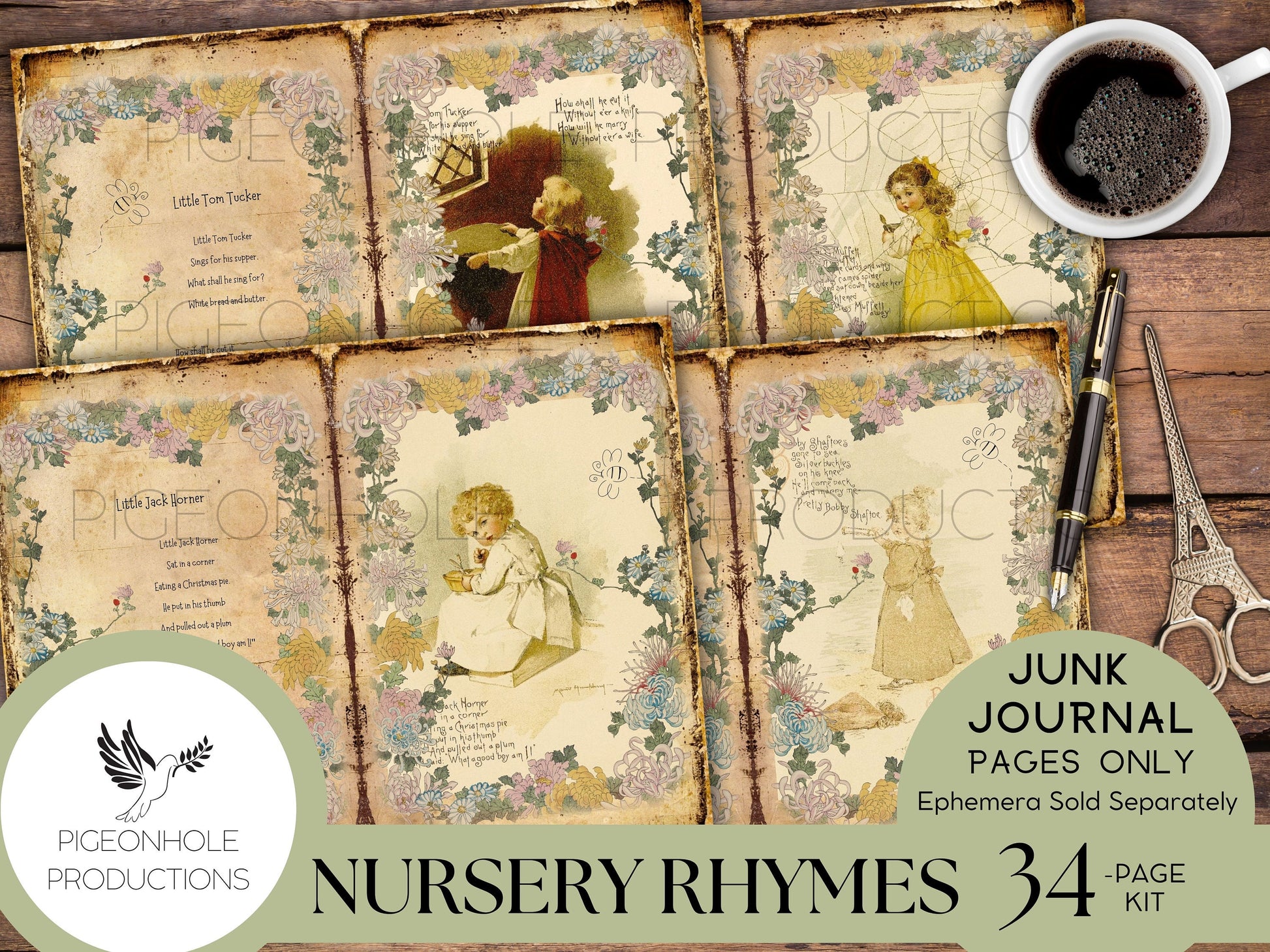 Nursery Rhymes Junk Journal Pages, PRINTABLE, lovely collage sheets featuring art of Maud Humphrey (1868-1940), makes 68 journal pages