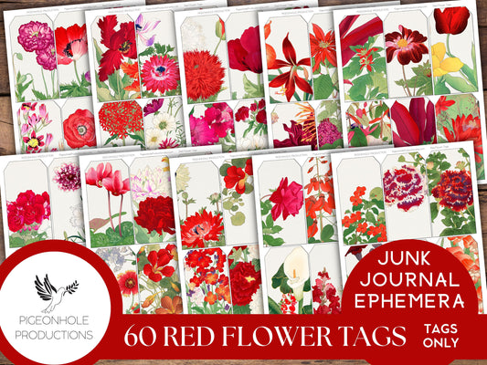 60 Red Flower Junk Journal Tags, PRINTABLE, for journaling, scrapbooking, paper crafts, planners, card making, collages, decoupage, more!