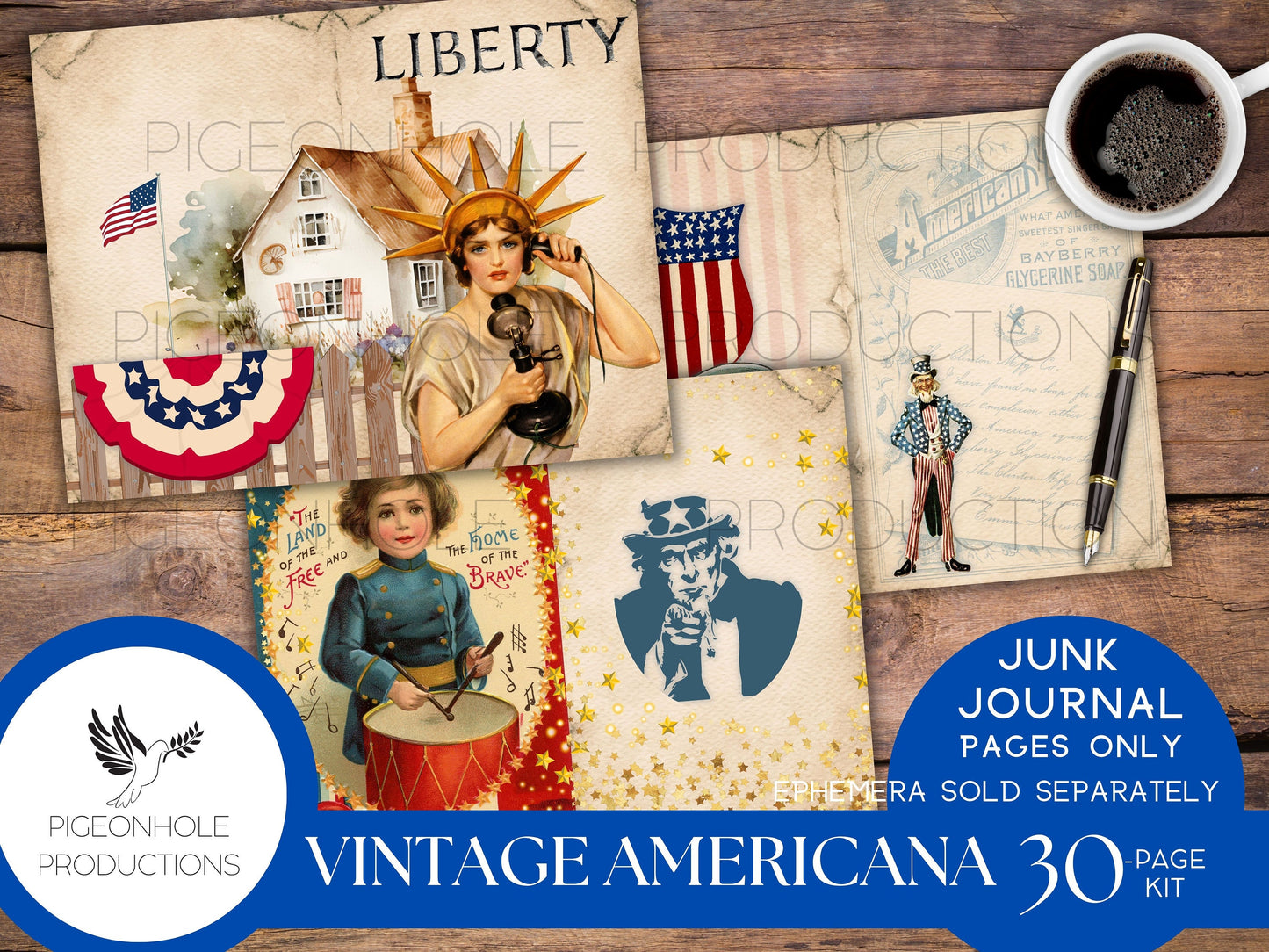 Vintage Americana Junk Journal Pages, PRINTABLE, 30 sheets vintage patriotic images, for journals, scrapbooks, card making & more, have fun!