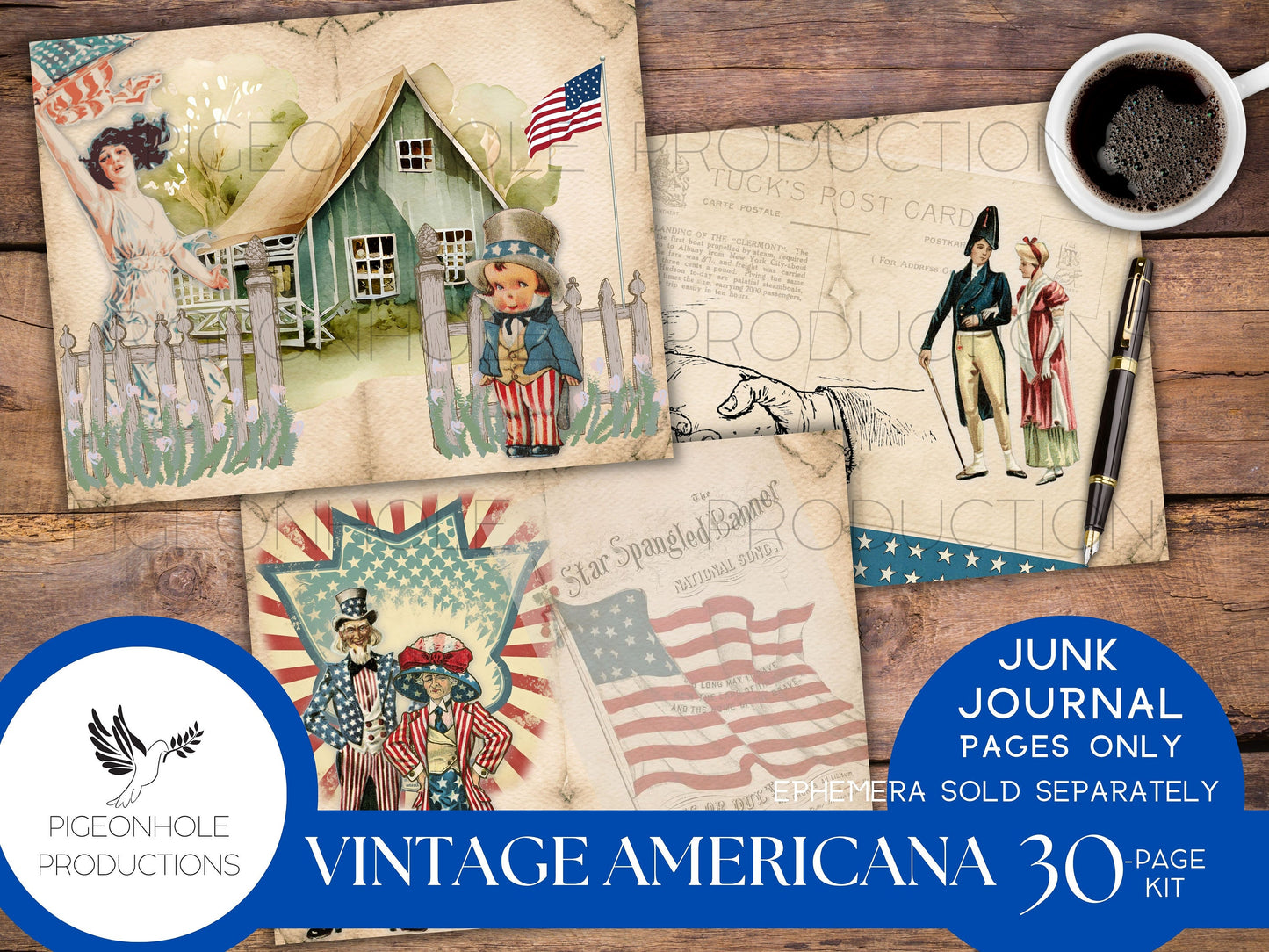 Vintage Americana Junk Journal Pages, PRINTABLE, 30 sheets vintage patriotic images, for journals, scrapbooks, card making & more, have fun!