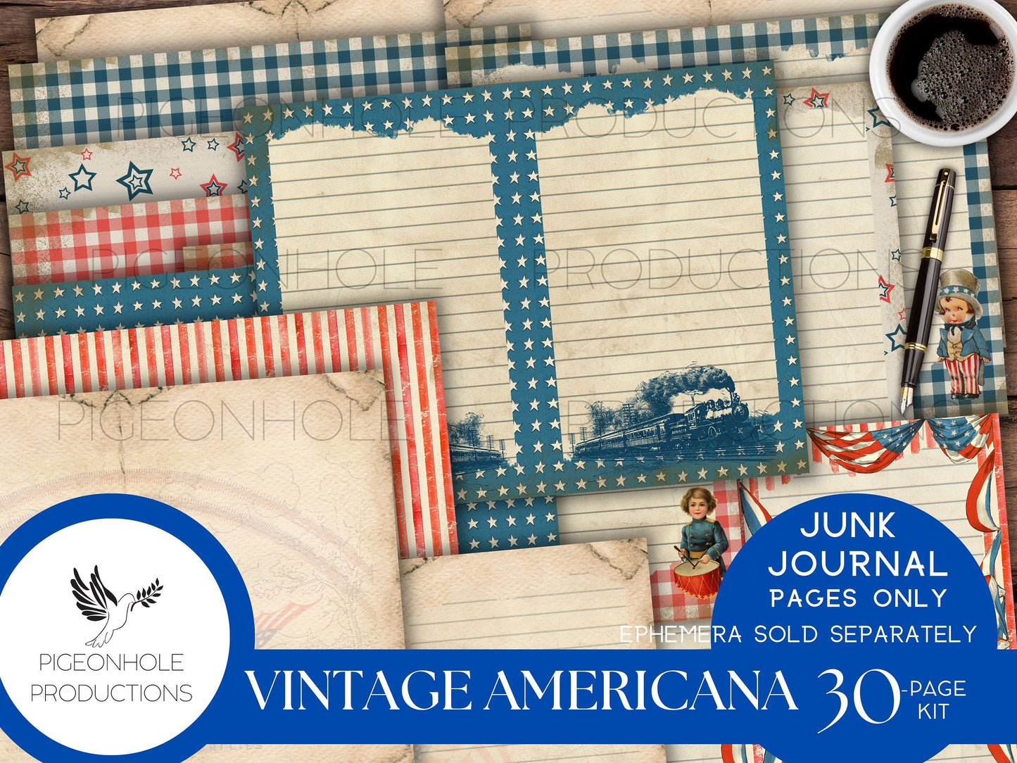 Vintage Americana Junk Journal Pages, PRINTABLE, 30 sheets vintage patriotic images, for journals, scrapbooks, card making & more, have fun!