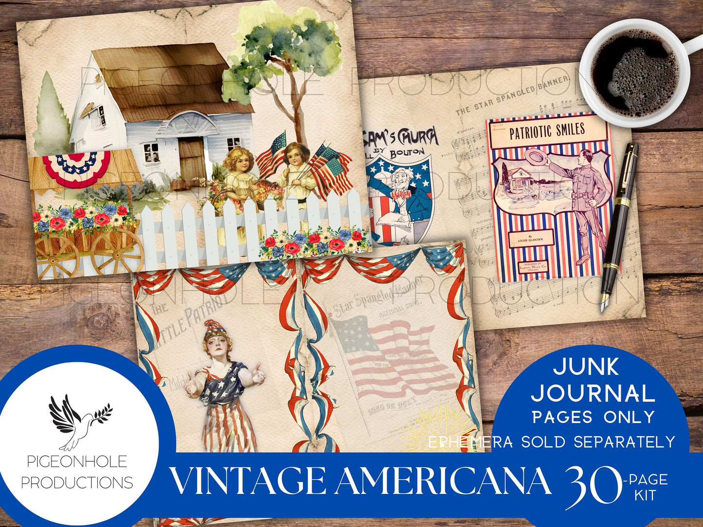 Vintage Americana Junk Journal Pages, PRINTABLE, 30 sheets vintage patriotic images, for journals, scrapbooks, card making & more, have fun!