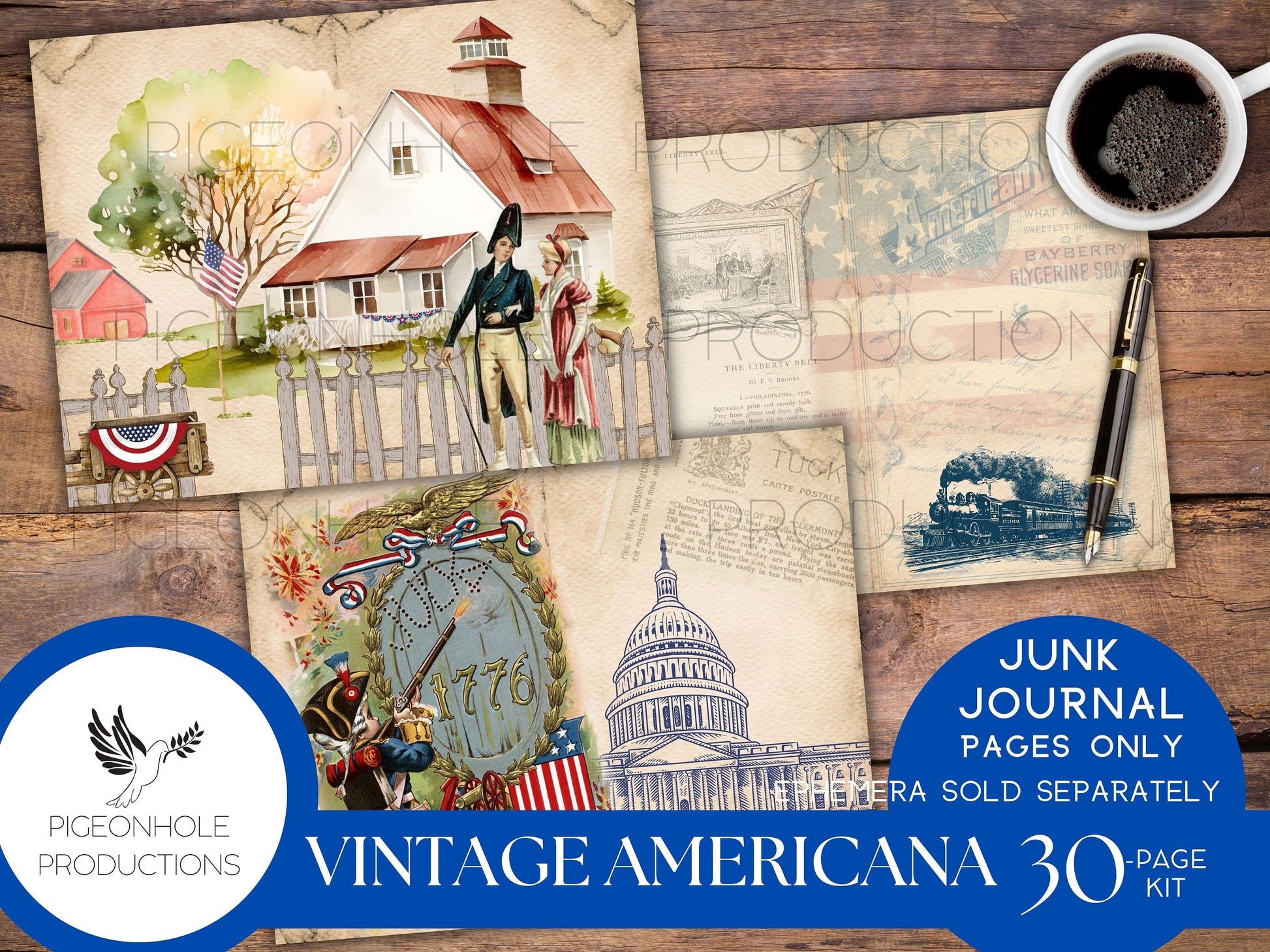 Vintage Americana Junk Journal Pages, PRINTABLE, 30 sheets vintage patriotic images, for journals, scrapbooks, card making & more, have fun!