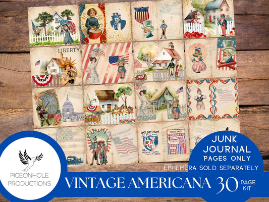 Vintage Americana Junk Journal Pages, PRINTABLE, 30 sheets vintage patriotic images, for journals, scrapbooks, card making & more, have fun!