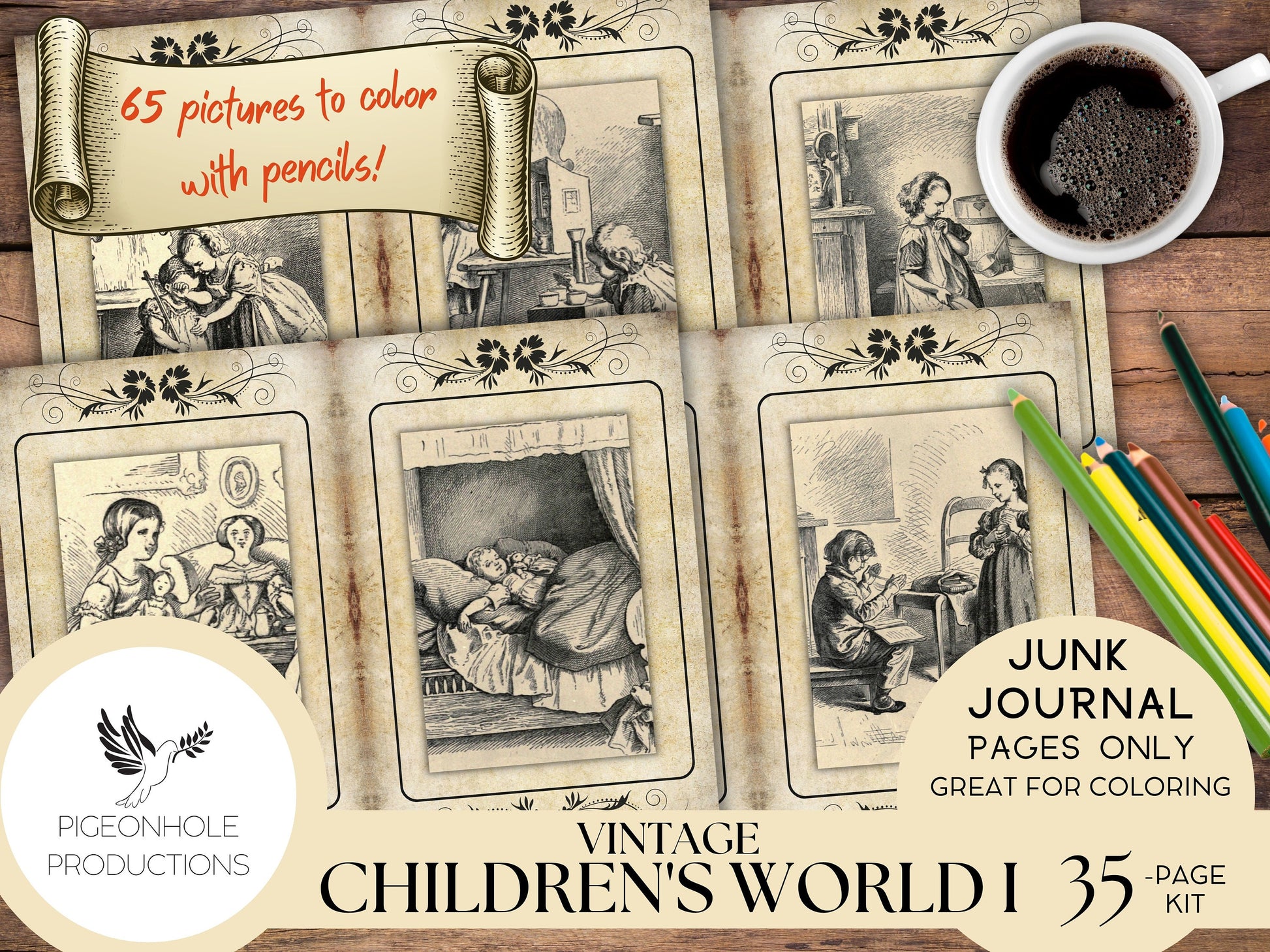 Vintage Children's World Junk Journal Coloring Pages, PRINTABLE, sweet old images of children. Great for coloring and journaling!
