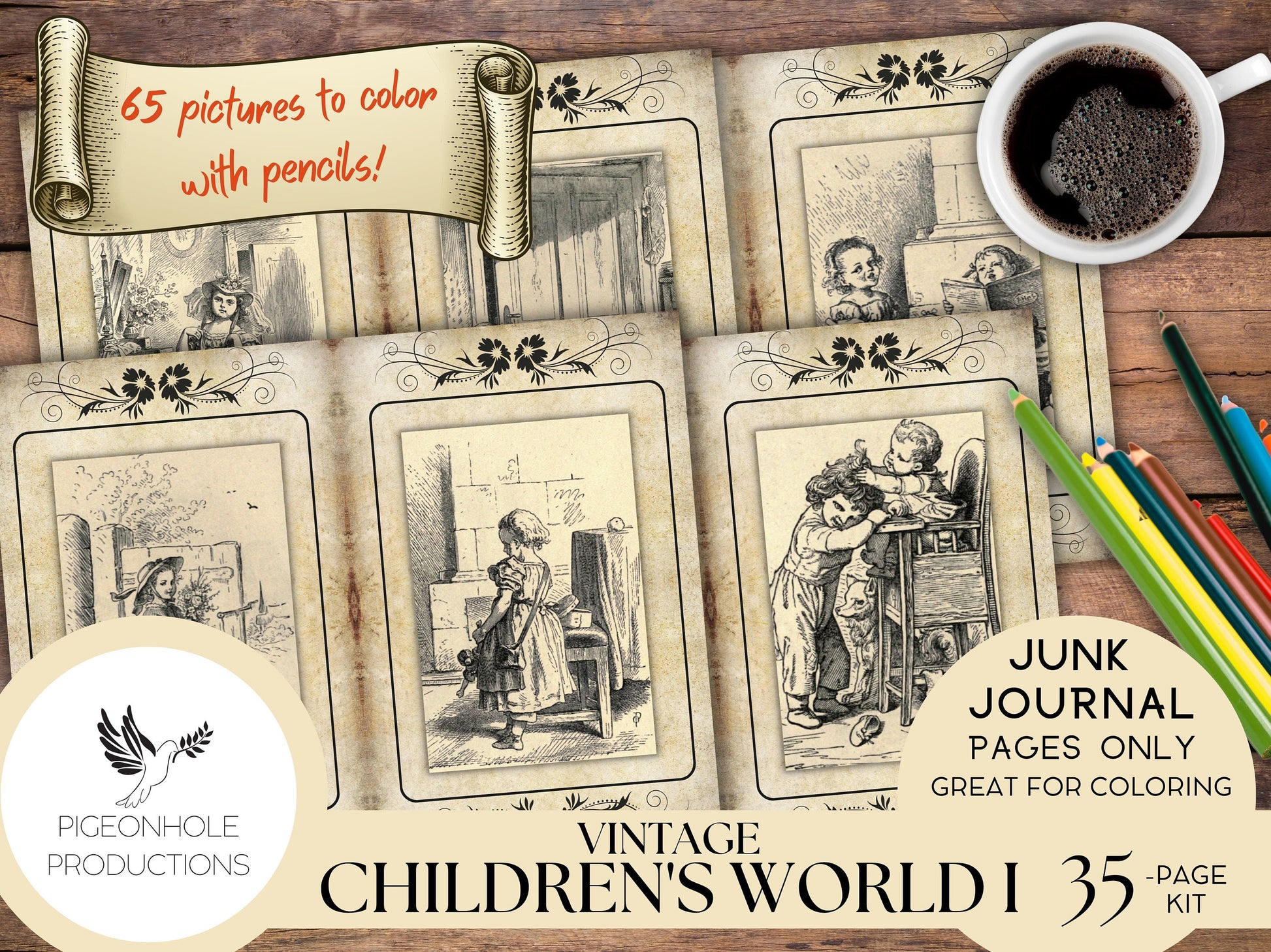 Vintage Children's World Junk Journal Coloring Pages, PRINTABLE, sweet old images of children. Great for coloring and journaling!